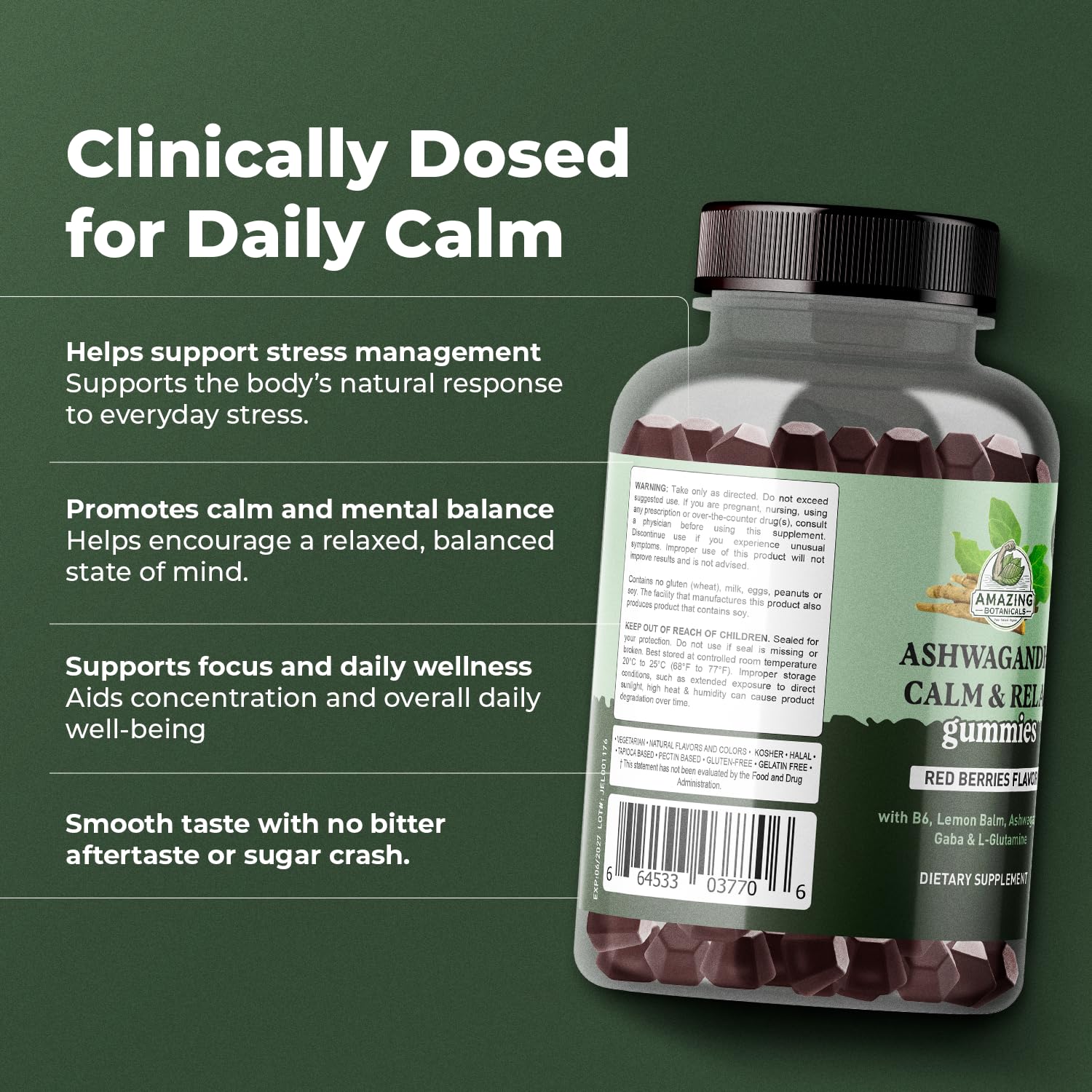 Ashwagandha Calm & Relax Gummies with Vitamin B6, Lemon Balm, GABA & L-Glutamine – 60 Gummies – Red Berries Flavor – Improve Sleep, Stress Relief & Mood – Vegan, Gluten-Free, Non-GMO Amazing BotanicalsAu supplements