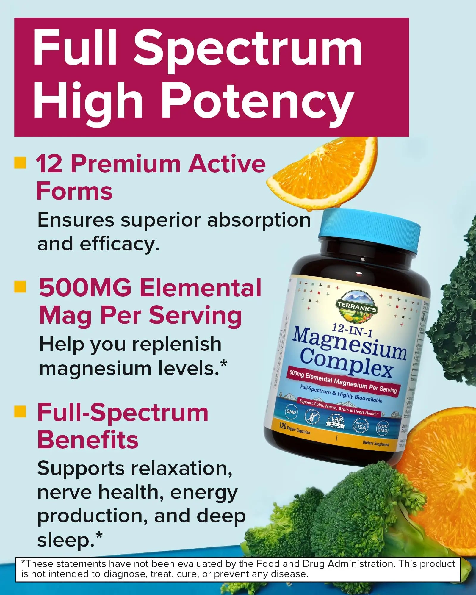 Terranics 12-in-1 Magnesium Complex 500mg, High Absorption Chelated Magnesium Glycinate, Citrate, Malate, Taurate, Orotate & More, for Sleep, Calm, Energy, Heart, Vegan, Non-GMO,120 Capsules Terranicsnz supplements