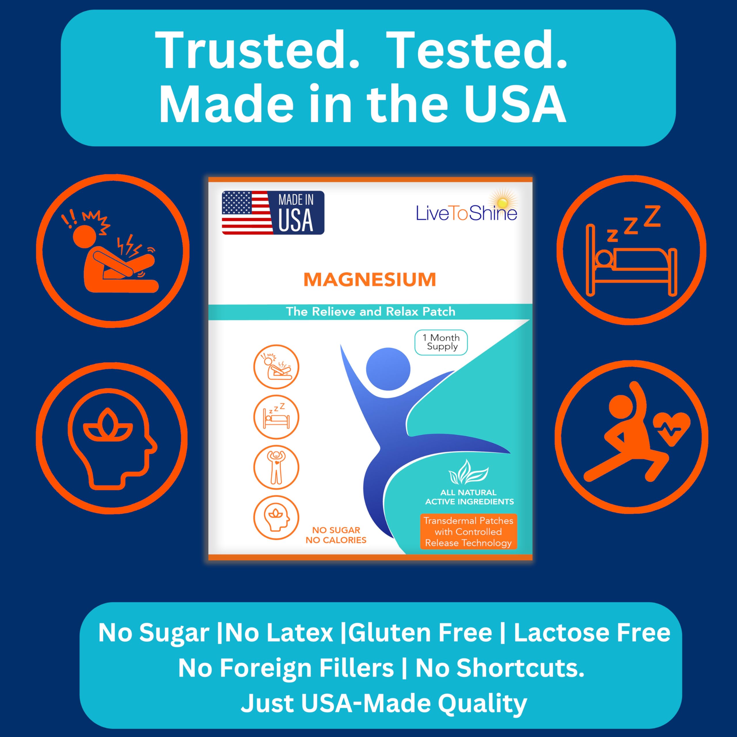 Magnesium Patches for Men and Women - Sleep Support & Relaxation, Muscle Recovery, Nerve Function - USA Made - 30 Premium Fast-Acting, Slow-Release Patches - Live To Shine Live To ShineAu supplements