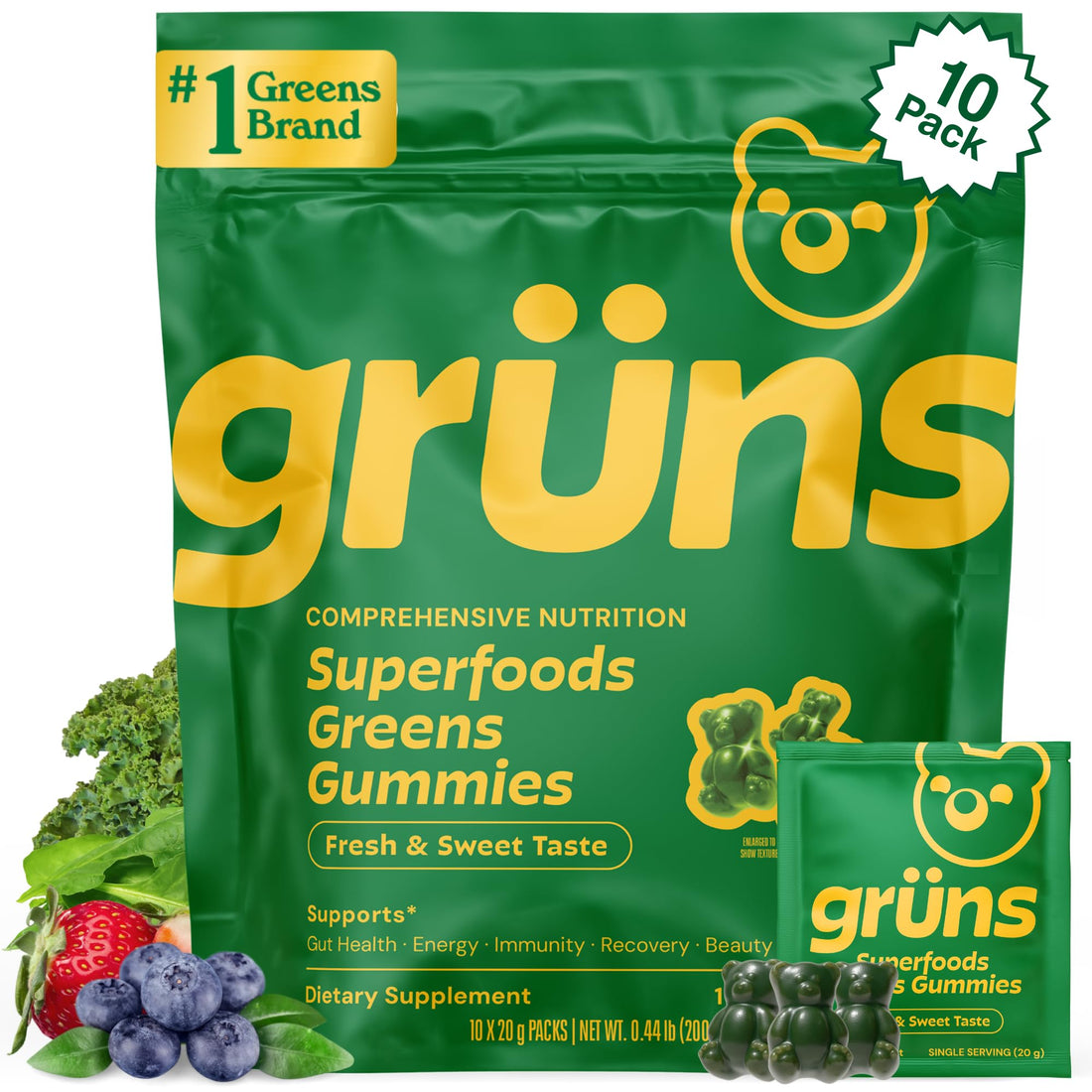 Gruns Adults Super Greens Gummies, Multivitamin Superfood Gummy Bears, Spirulina, Chlorella, Prebiotics & Fiber Gummies for Digestive Health GrünsUS supplements