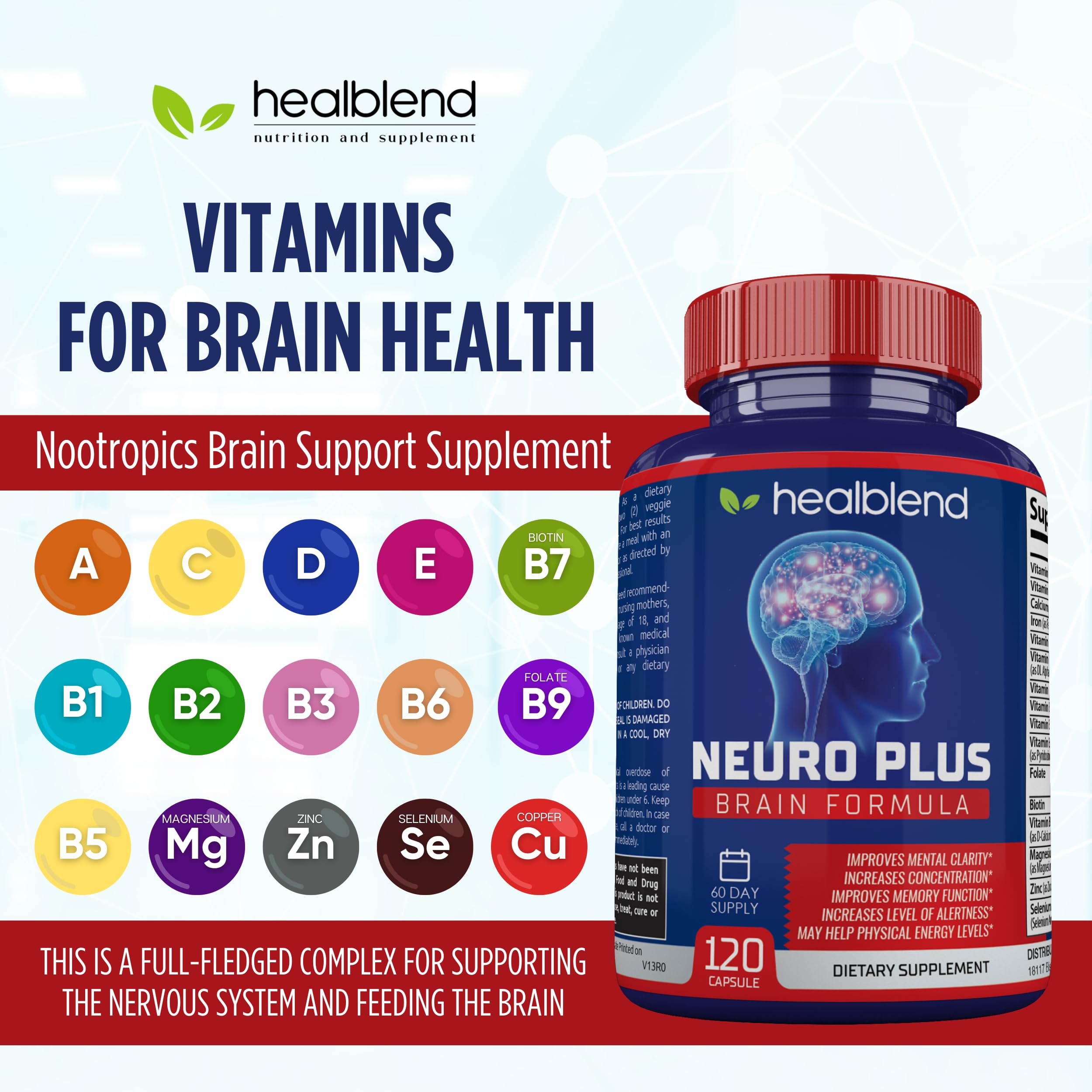 Neuro Plus Brain & Focus Formula - Nootropic Brain Booster Supplement, Supports Brain Health, Mental Clarity & Focus - Enhances Concentration & Mental Energy – 120 Capsules (1) healblendAu supplements