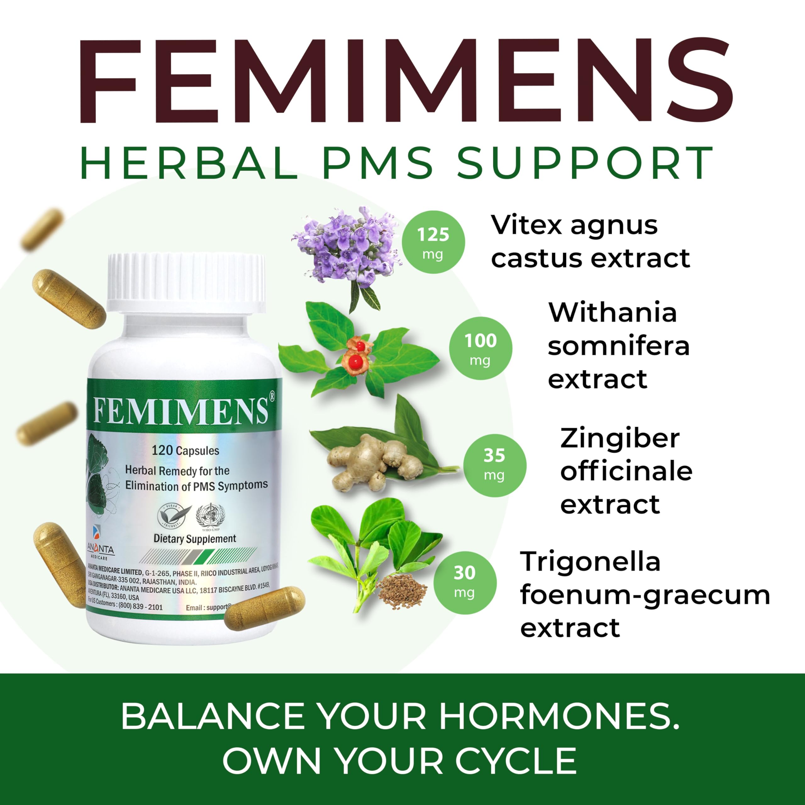 FEMIMENS – PMS Support Supplement for Women – PMS Relief for Women & Menstrual Cramp Relief – Hormonal Balance for Women – Chasteberry Vitex, Ashwagandha, Ginger, Fenugreek – 120 Vegan Capsules Ananta Medicare USAAu supplements