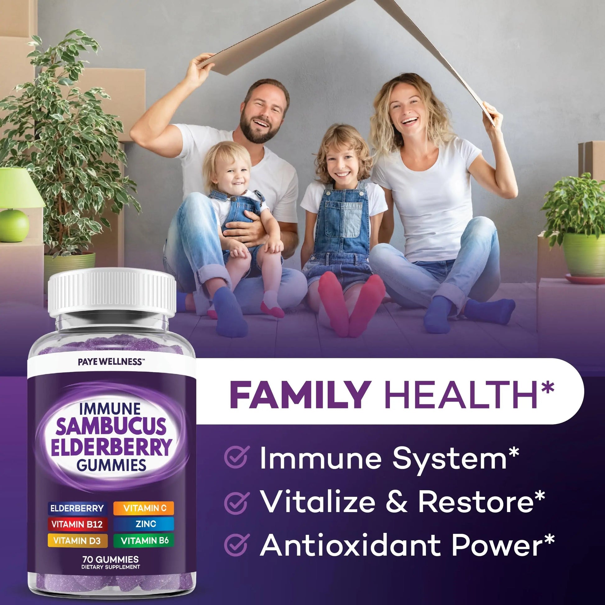 Elderberry Gummies Immune Support, Daily Support for Kids and Adults*, with Sambucus Elderberry, Zinc, Vitamin C, D3, B6, B12, Plus PAYÉAu supplements