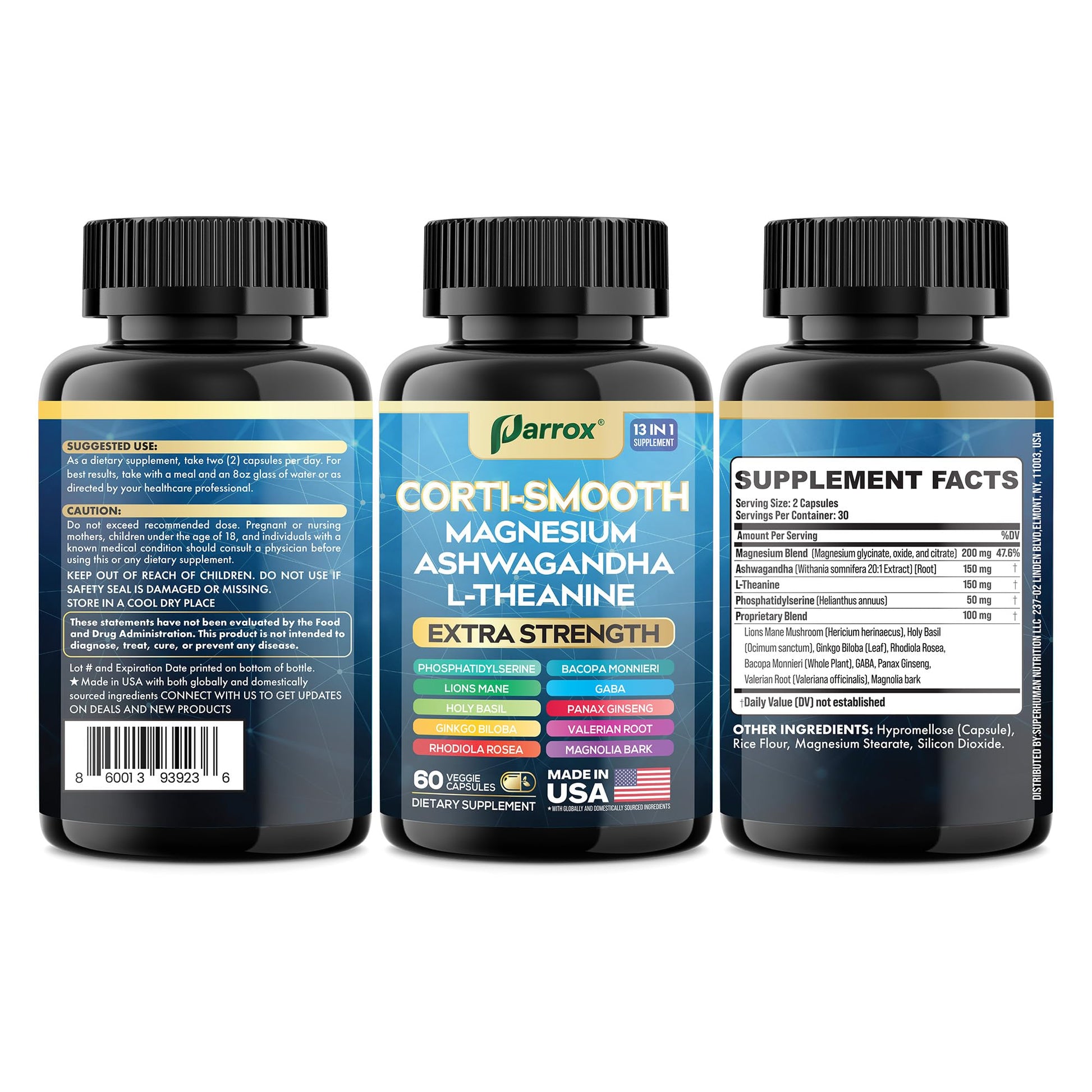 Parrox Corti-Smooth Cortisol Supplement Magnesium, L-Theanine, Ashwagandha, Phosphatidylserine, Valerian Root, Lions Mane, Bacopa Monnieri, Ginkgo Biloba, Panax Ginseng, Magnolia Bark, GABA (60 Caps) ParroxAu supplements