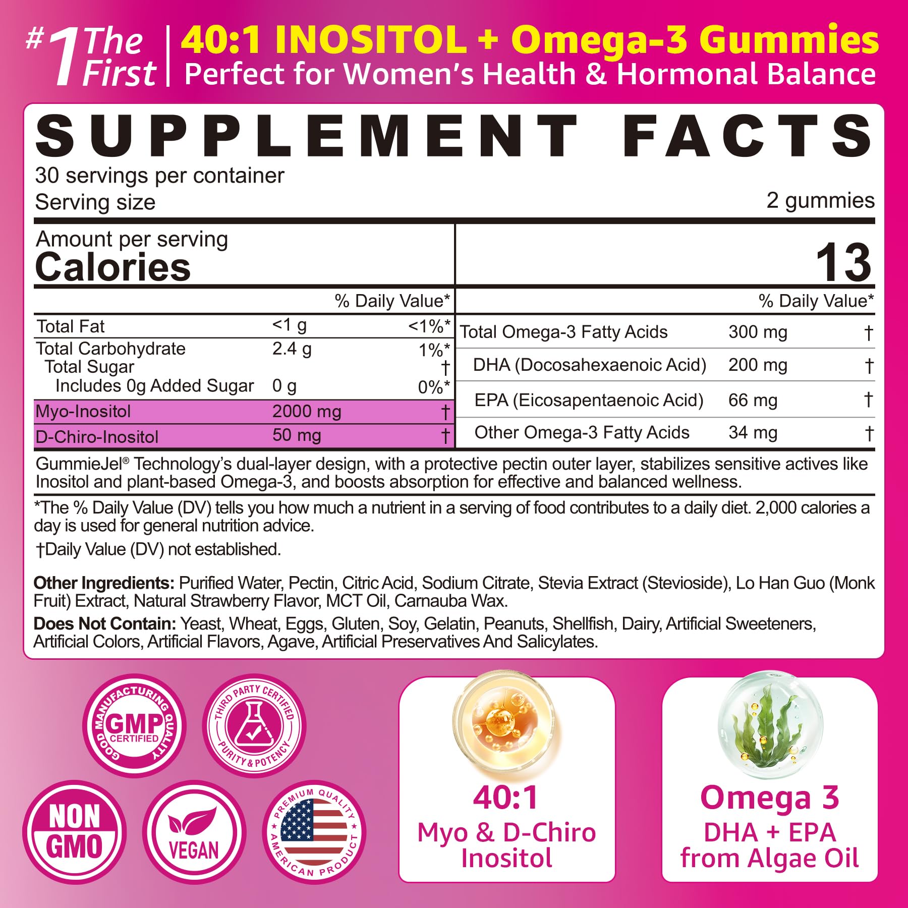 Myo-Inositol & D-Chiro Ideal 40:1, Inositol + Omega-3(3:1) Gummies, Hormone Balance for Women | Sugar Free Inositol Gummies w/Omega 3 DHA:EPA (3:1), Inositol Supplement for Cycle Health, Vegan, 60 Ct EnvyCureAu supplements