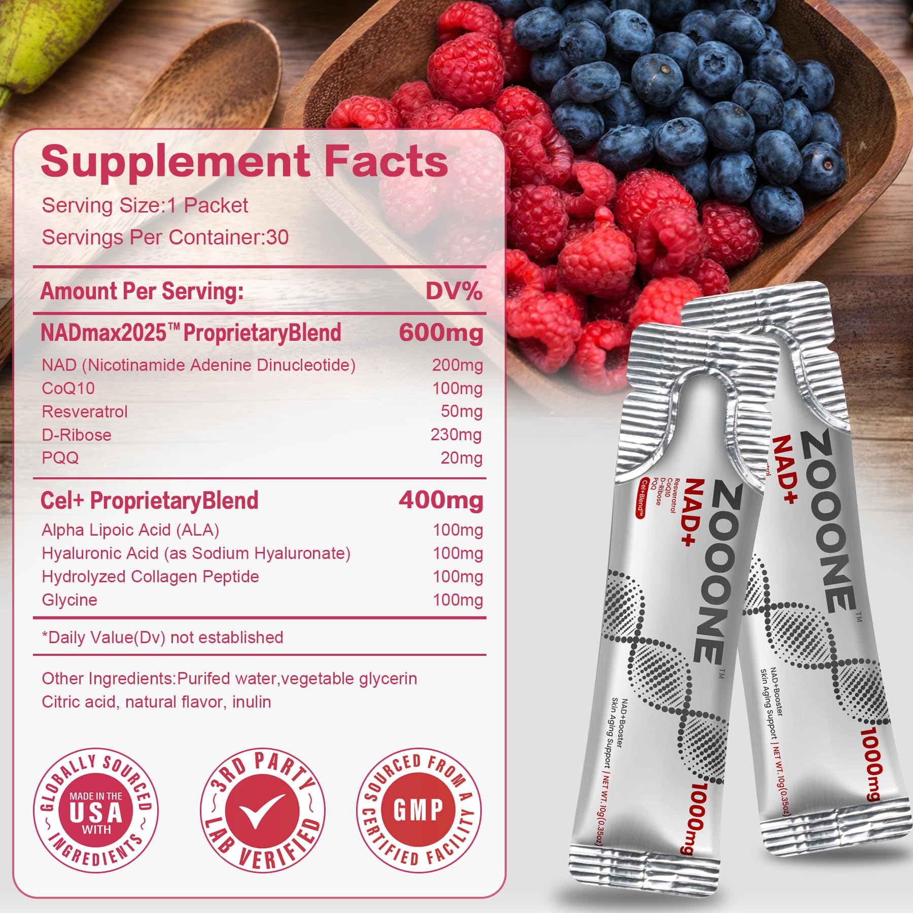 zooone NAD+ Supplement with Resveratrol, Liquid Designed to Help Support Absorption, 1000mg NMNH Supplement Alternative for Anti-Aging, Boost Energy, Support Cellular, 30 Pockets zoooneAu supplements