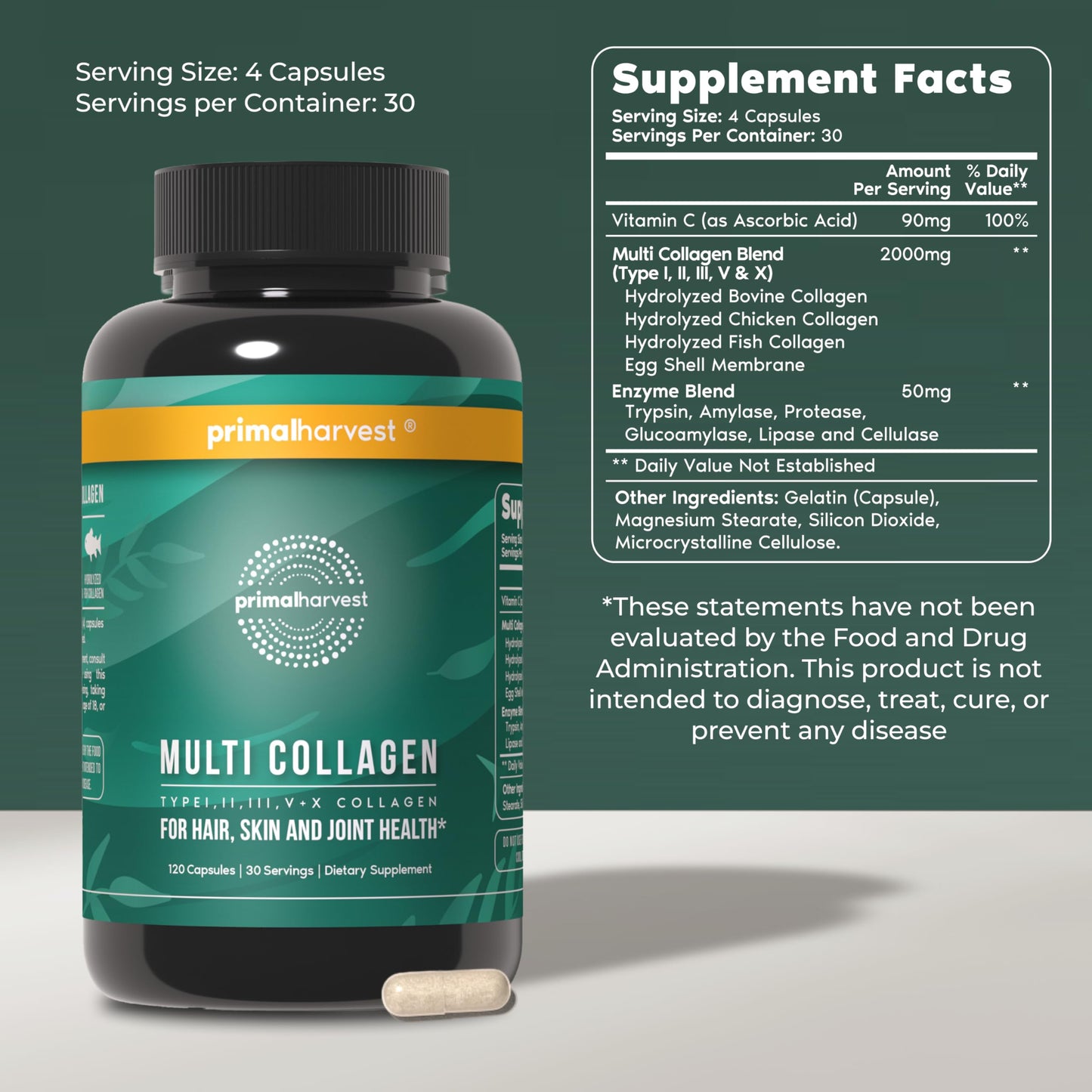 Primal Harvest Multi Collagen Pills for Women and Men (Type I, II, III, V, X) 120 Capsules w/Vitamin C for Hair, Skin, Nails Primal HarvestUS supplements