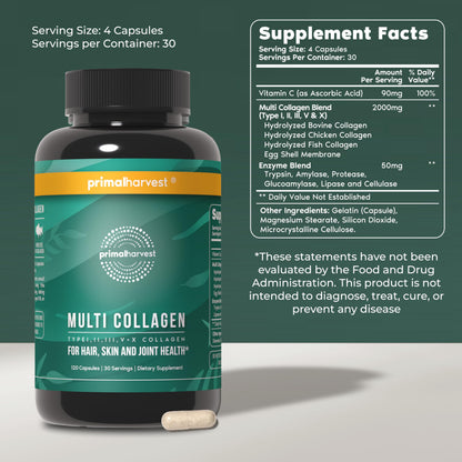 Primal Harvest Multi Collagen Pills for Women and Men (Type I, II, III, V, X) 120 Capsules w/Vitamin C for Hair, Skin, Nails Primal HarvestUS supplements