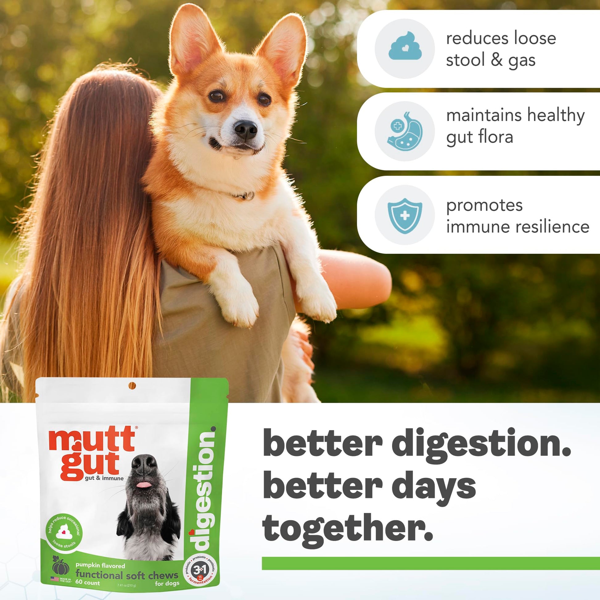 MuttGut® 3-in-1 Puppy & Dog Probiotics + Prebiotics + Postbiotics Chews - Promotes Digestive Health, Supports Immune System and Overall Health - Dog Diarrhea Relief & Immune Support - 60 Soft Chews MUTTGUTAu supplements