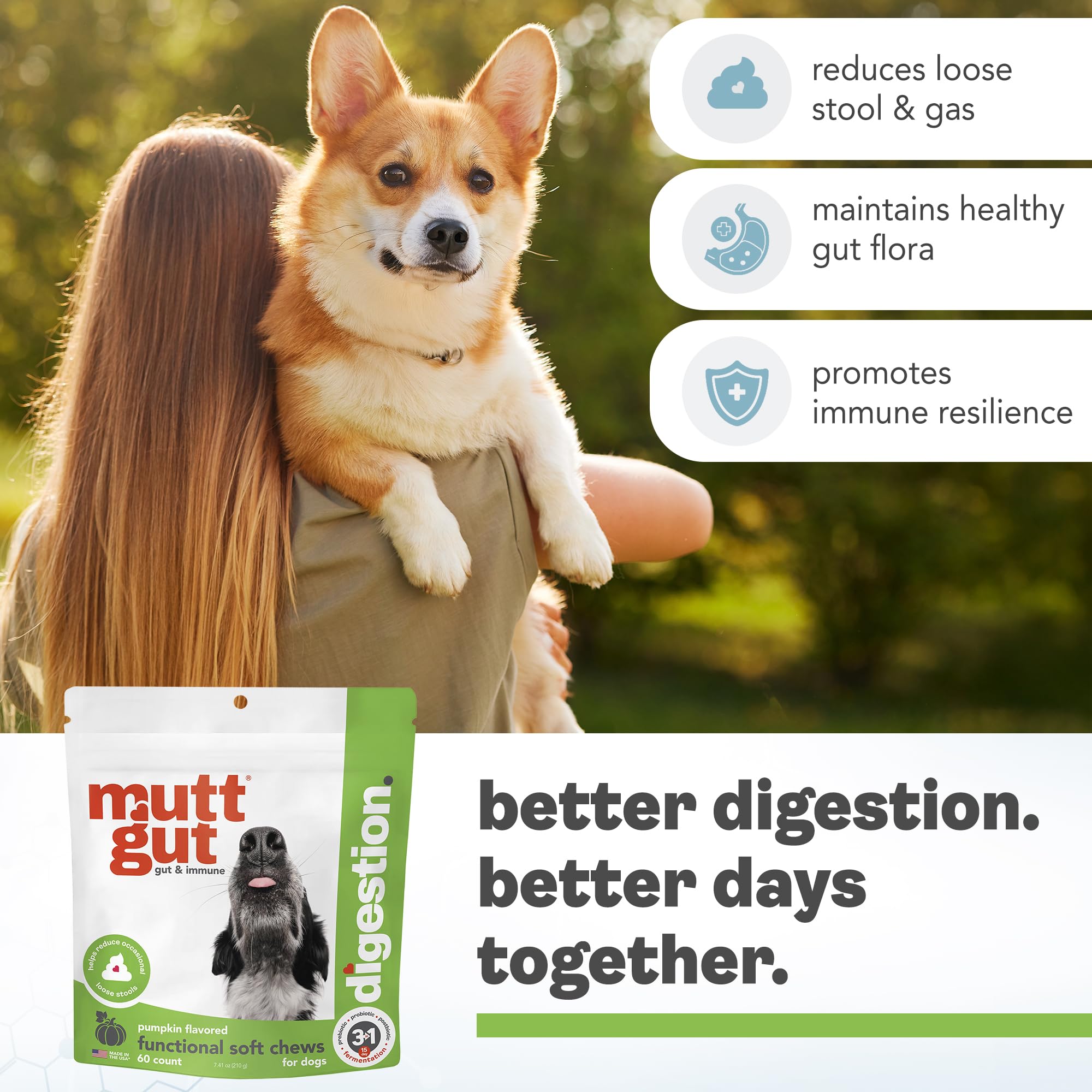 MuttGut® 3-in-1 Puppy & Dog Probiotics + Prebiotics + Postbiotics Chews - Promotes Digestive Health, Supports Immune System and Overall Health - Dog Diarrhea Relief & Immune Support - 60 Soft Chews MUTTGUTAu supplements