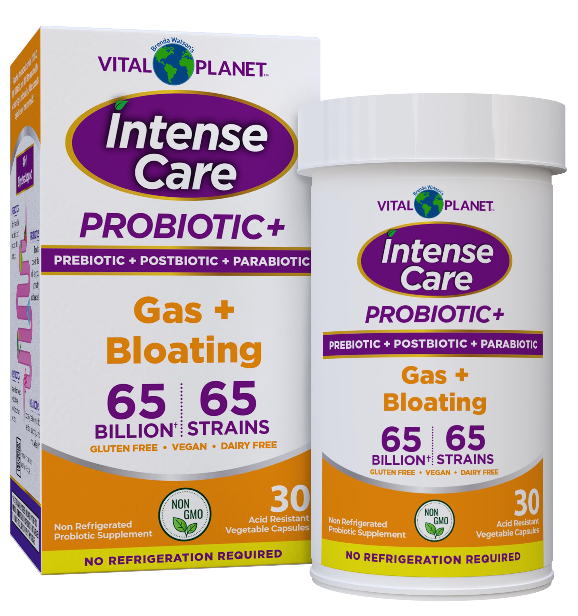 Vital Planet - Intense Care Gas & Bloating Probiotics Plus Organic Prebiotics, Postbiotics, Parabiotics, Complete 4-in-1 Supplement for Adults, 65 Billion CFU, 65 Strains, Digestive and Immune 30 ct Vital PlanetAu supplements