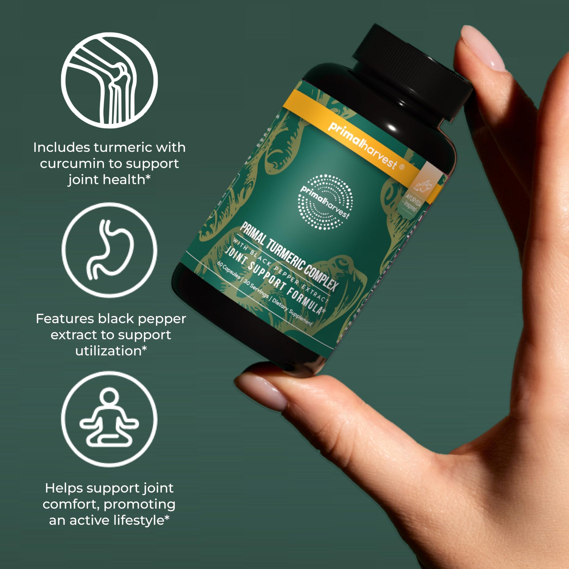 Primal Harvest 1 Pack, Primal Turmeric Complex w/Black Pepper Extract, Joint and Mobility Support Turmeric Supplement for Women & Men, 60 Capsules Primal HarvestAu supplements