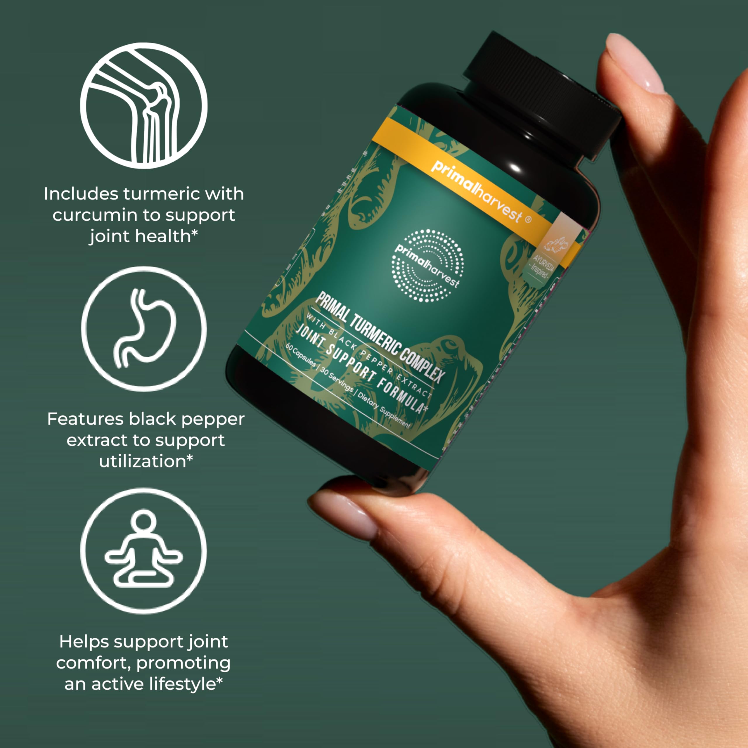 Primal Harvest 1 Pack, Primal Turmeric Complex w/Black Pepper Extract, Joint and Mobility Support Turmeric Supplement for Women & Men, 60 Capsules Primal HarvestAu supplements