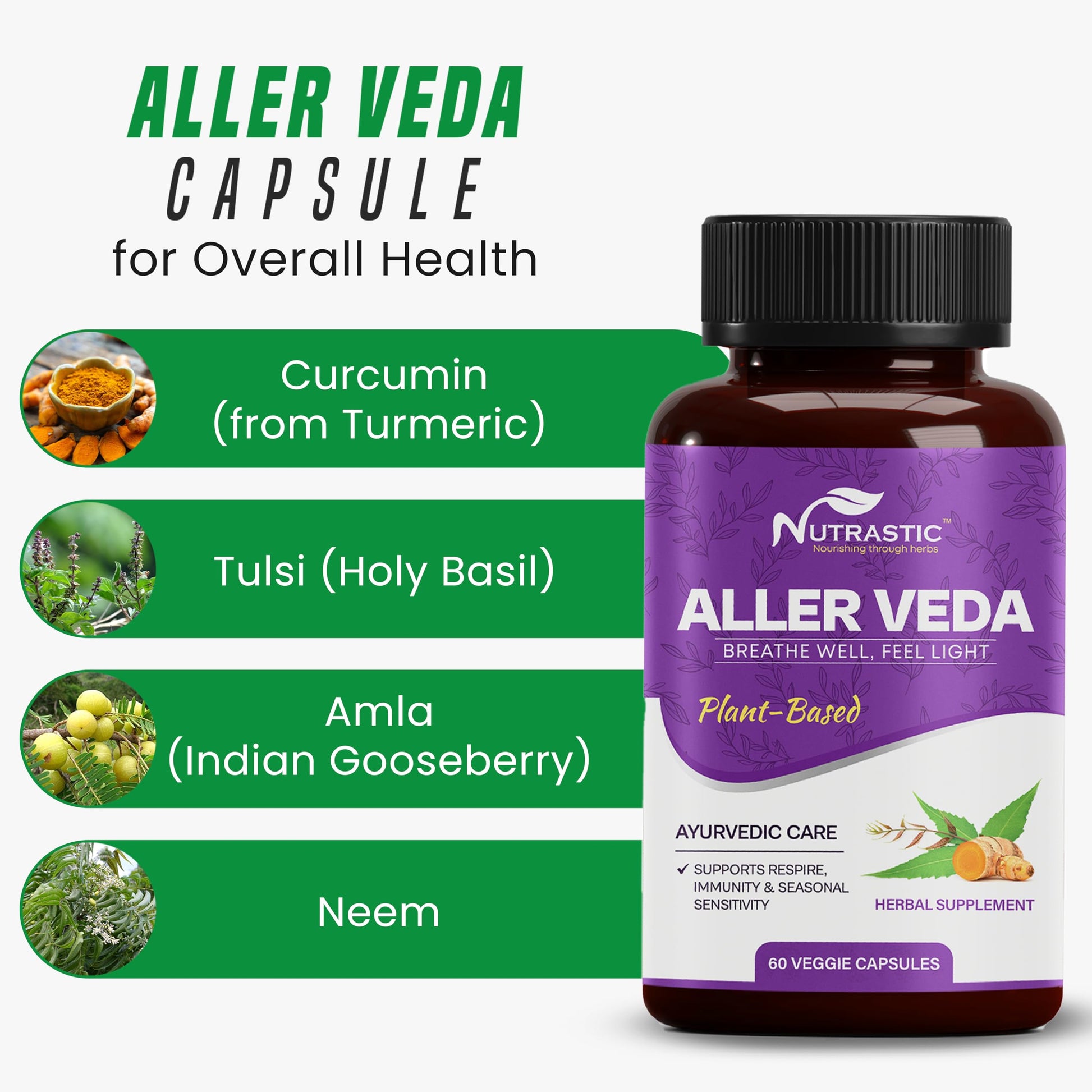 Nutrastic Aller Veda Respiratory Wellness Supplement with Pure Tulsi, Amla, Turmeric, and Neem | Natural Support for Healthy Breathing | 60 Caps NutrasticAu supplements