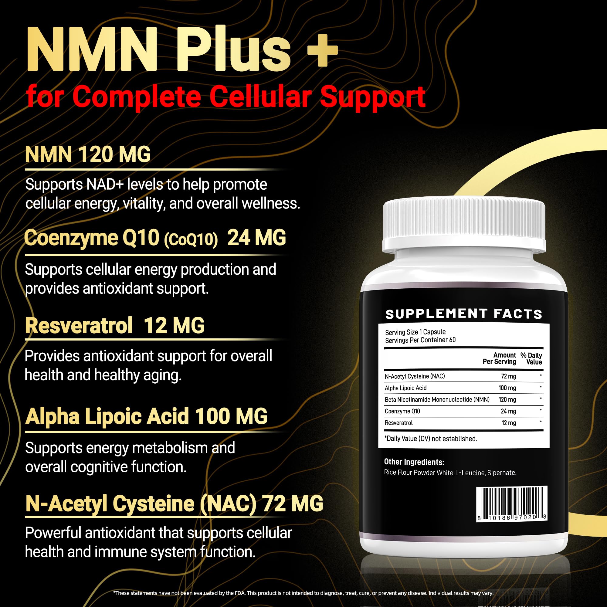 I LOVE HEALTH NMN Complex Plus+ for Women & Men with NAC, Alpha Lipoic Acid, CoQ10 & Resveratrol – 5-in-1 Cellular Energy & Healthy Aging Support – 60 Capsules, Non-GMO, Made in USA I LOVE HEALTHAu supplements