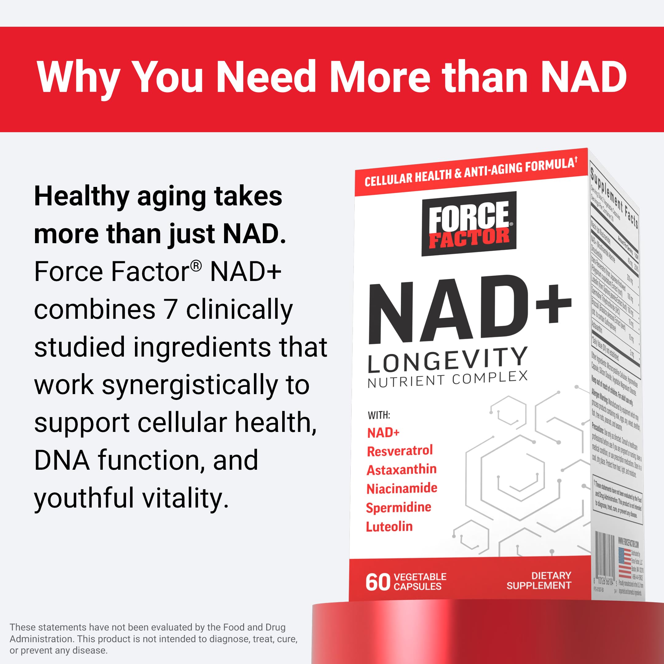 FORCE FACTOR NAD+ (NMN or Nicotinamide Riboside Alternative) with Resveratrol, Astaxanthin, Spermidine & Luteolin Complex, NAD to Support Cellular Health & Healthy Aging, 60 Capsules Force FactorAu supplements