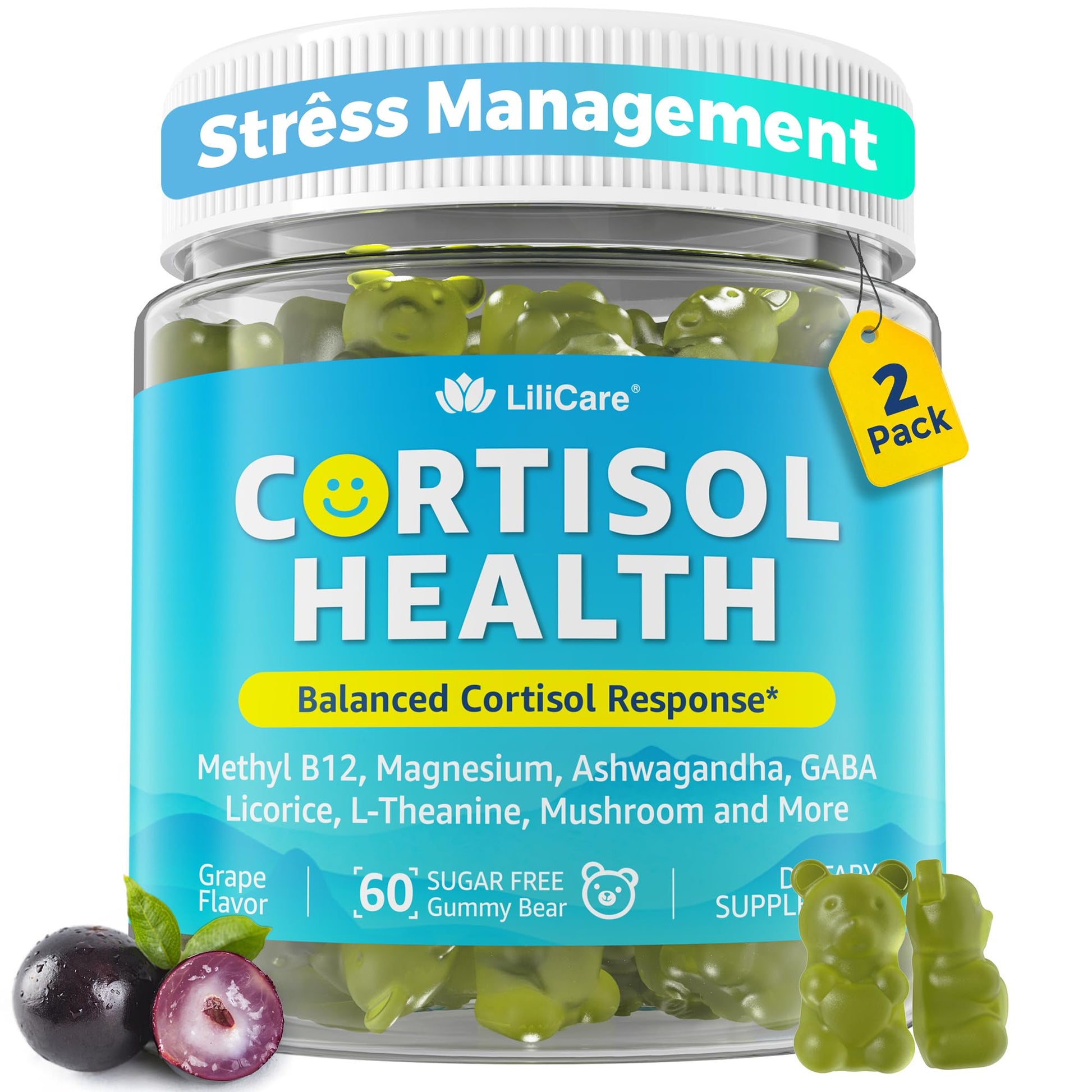 Cortisol Gummies for Women & Men, Sugar Free Cortisol Reducer Supplements w/ Magnesium, Ashwagandha, Mushroom, L-theanine, Rhodiola, Vitamin B6 B12 for Cortisol Detox, Relax, Sleep Support 2 Pack LILICAREAu supplements