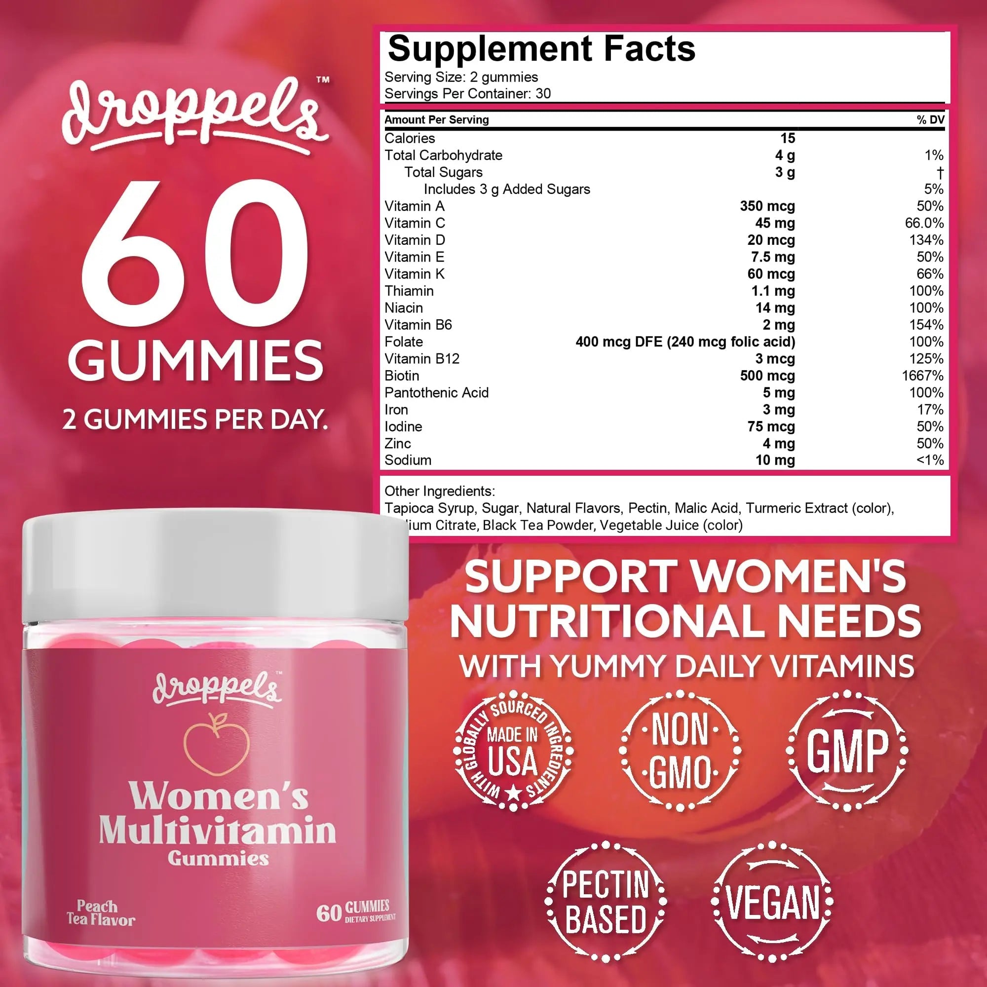 Droppels Women's Multivitamin Gummies with Folic Acid, Vitamins A, D, C, E, K, B6, B12, Biotin & More | Vegan, Non-GMO & Pectin-Based Daily Vitamins for Women | DroppelsAu supplements