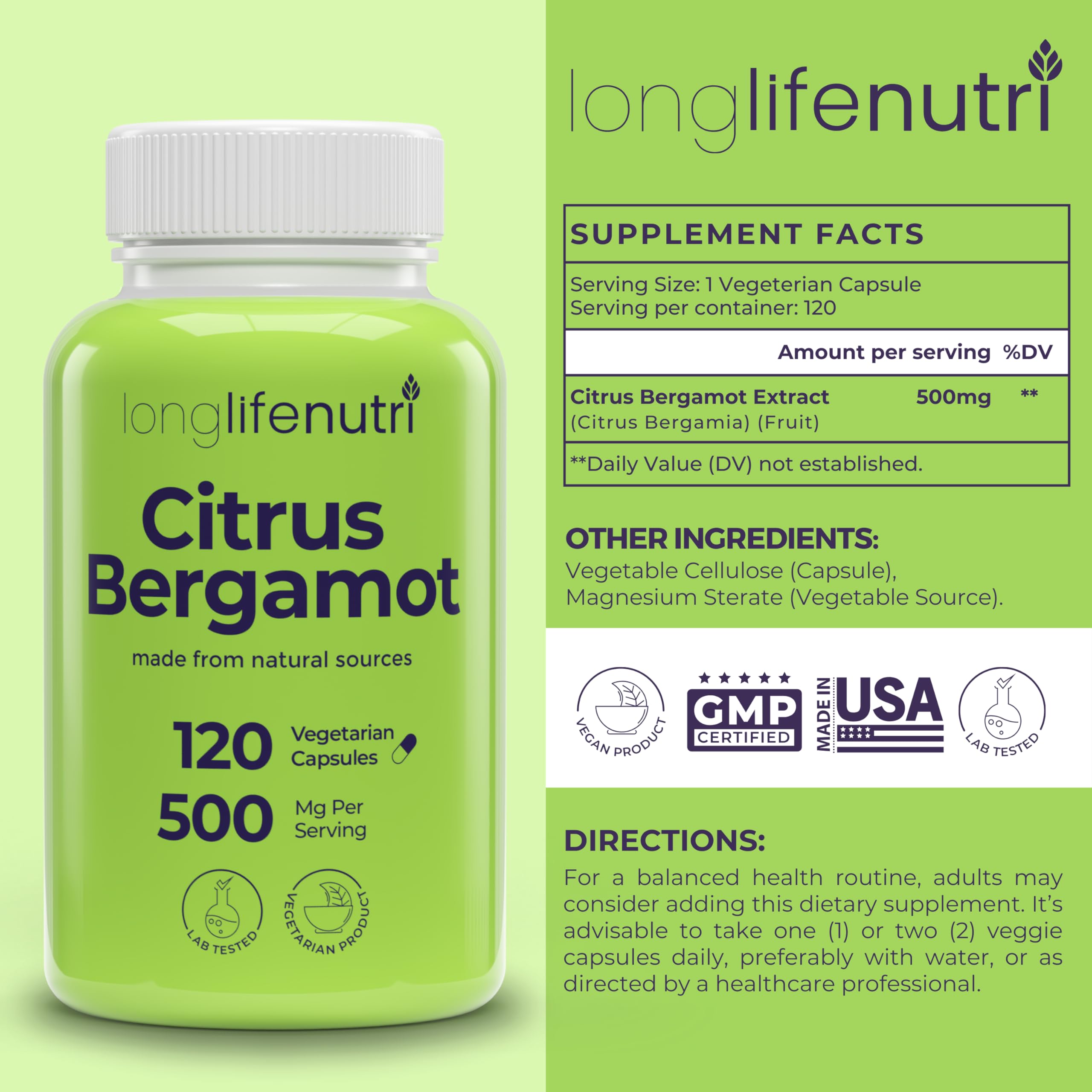 LongLifeNutri Citrus Bergamot Extract 500mg - 120 Vegetarian Capsules, 40% Polyphenolic Flavanones, 4-Month Supply, Plant-Based Anti-Oxidant, Tested, Made in USA LongLifeNutriAu supplements