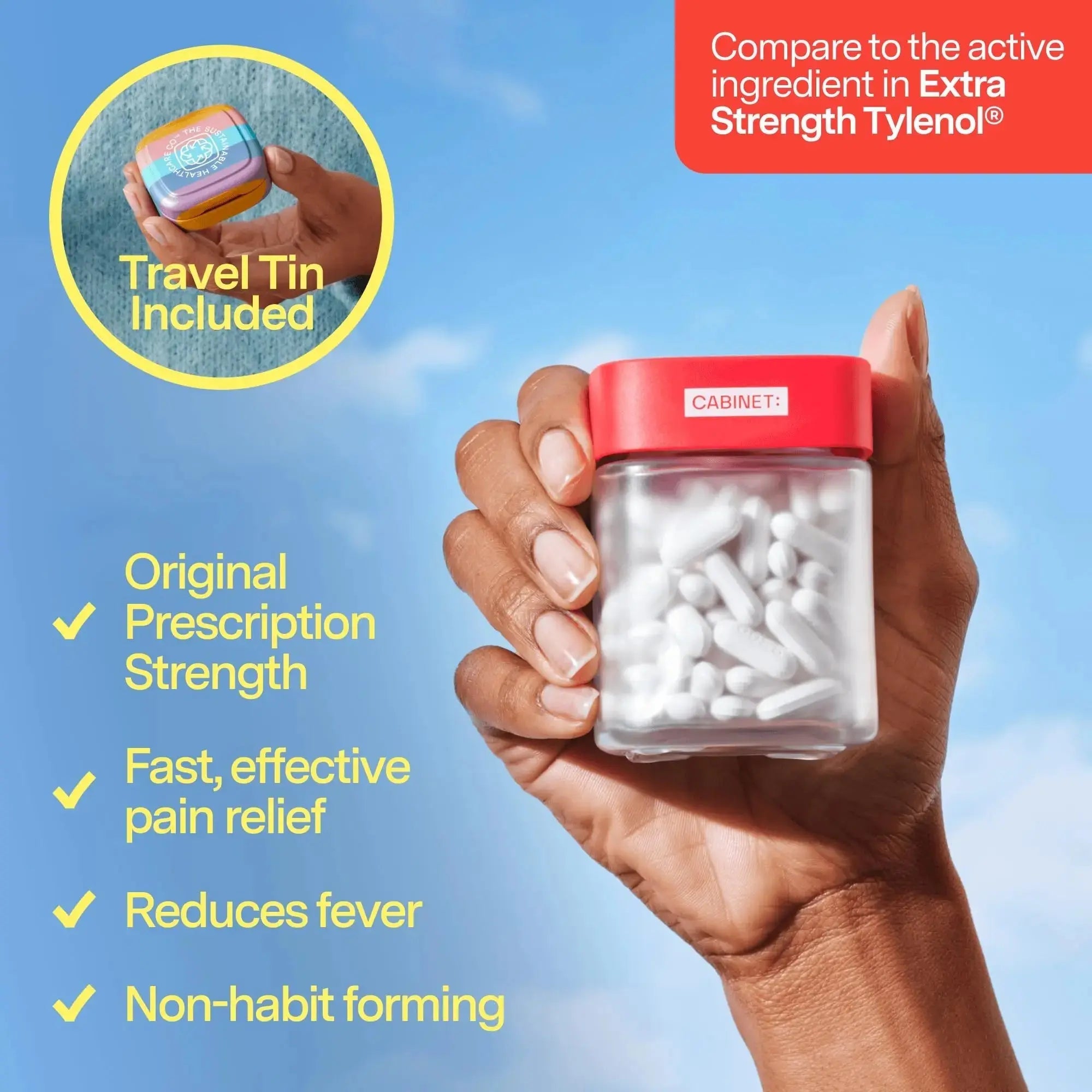 Cabinet: 500mg Acetaminophen for Headache Relief, Toothaches, Sore Throat, and Fever Reducer, Includes 1 Refillable Medicine Jar, 120 Tablets Refillable Glass Jar - w/Travel Tin Cabinet:Au supplements
