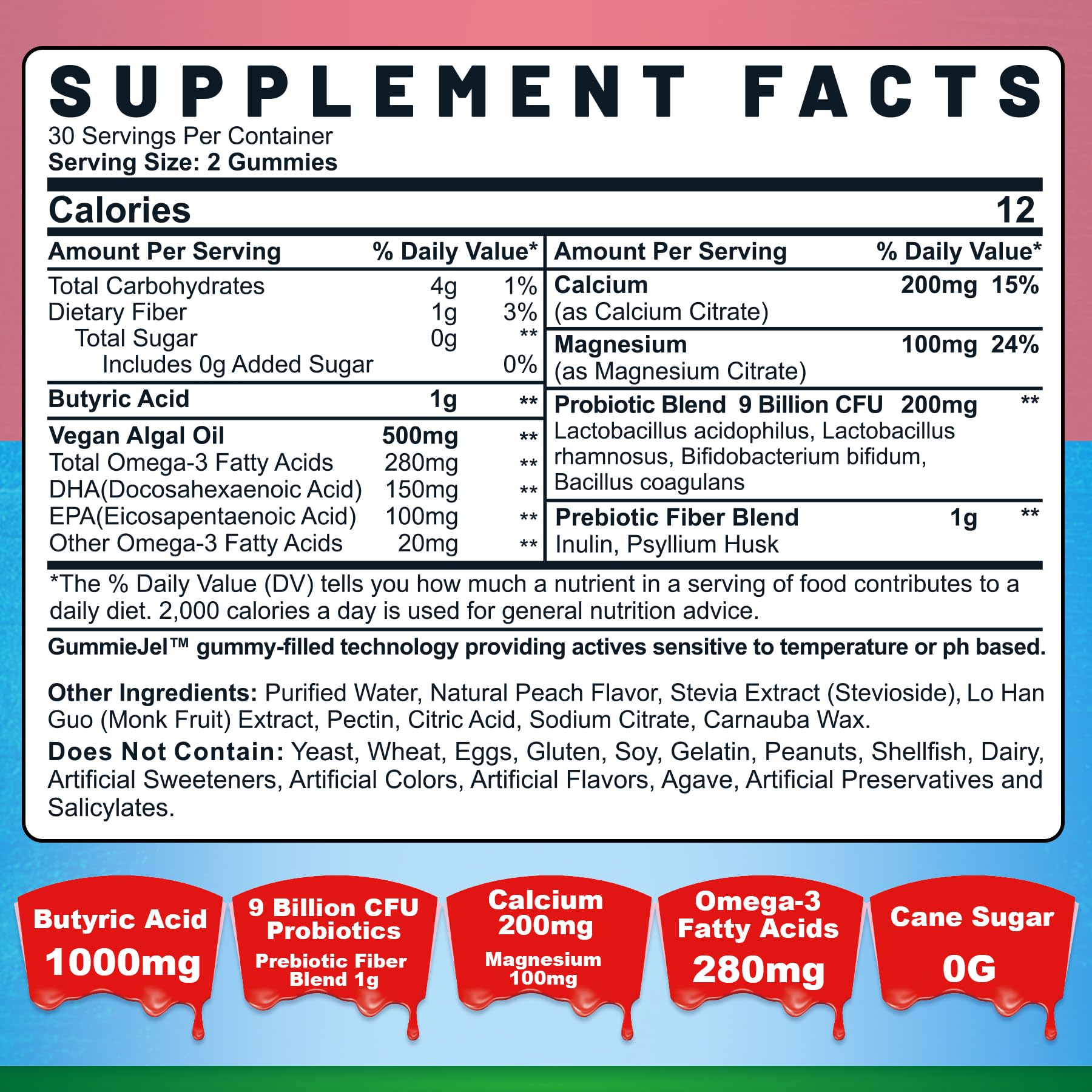 Butyrate Gummies with Probiotic + Prebiotic + Postbiotic, Omega-3 500mg,Fiber with 9 Billion CFU Probiotics, Calcium & Magnesium, Inulin,Psyllium Husk for Digestive Health,Bloating Support,Sugar Free NextdiaAu supplements