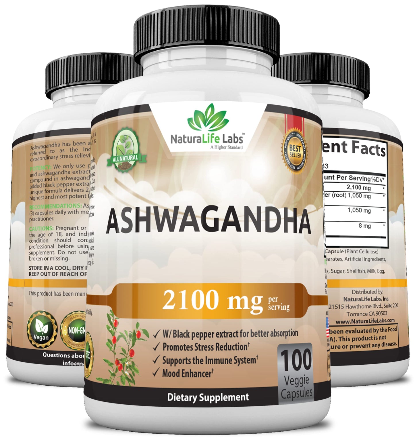 Organic Ashwagandha 2,100 mg - 100 Vegan Capsules Pure Organic Ashwagandha Powder NaturaLife Labs A Higher StandardUS supplements