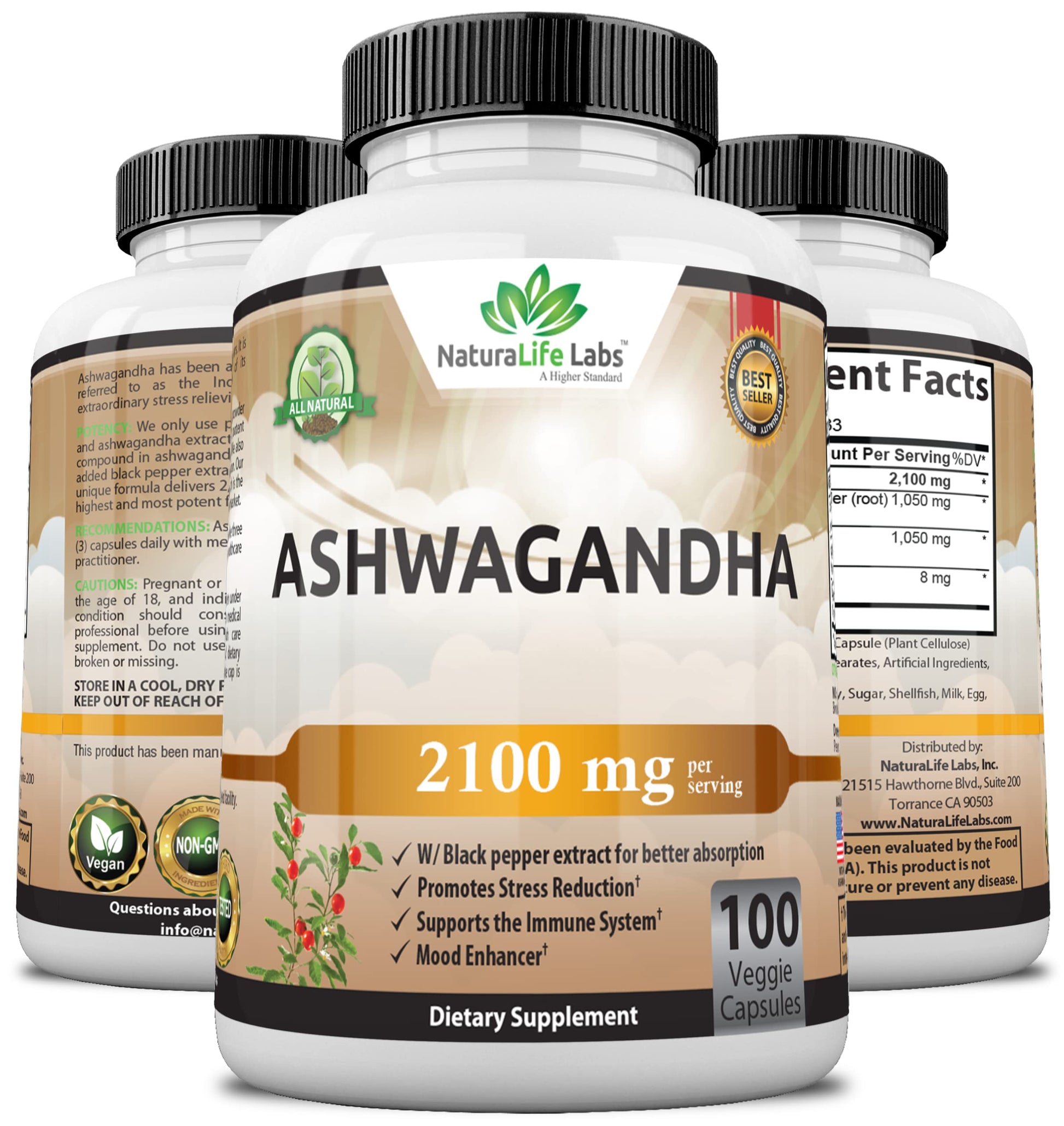 Organic Ashwagandha 2,100 mg - 100 Vegan Capsules Pure Organic Ashwagandha Powder NaturaLife Labs A Higher StandardUS supplements