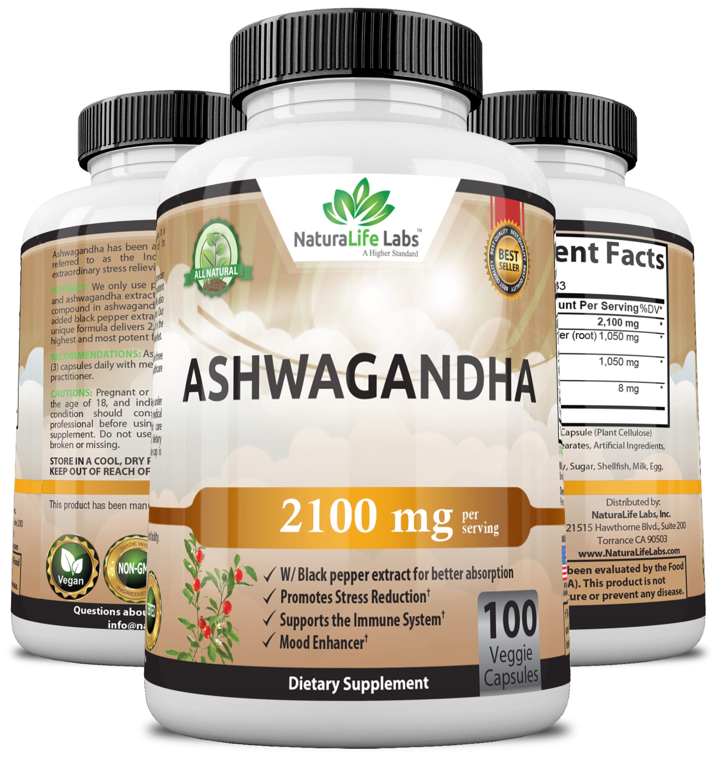 Organic Ashwagandha 2,100 mg - 100 Vegan Capsules Pure Organic Ashwagandha Powder NaturaLife Labs A Higher StandardUS supplements