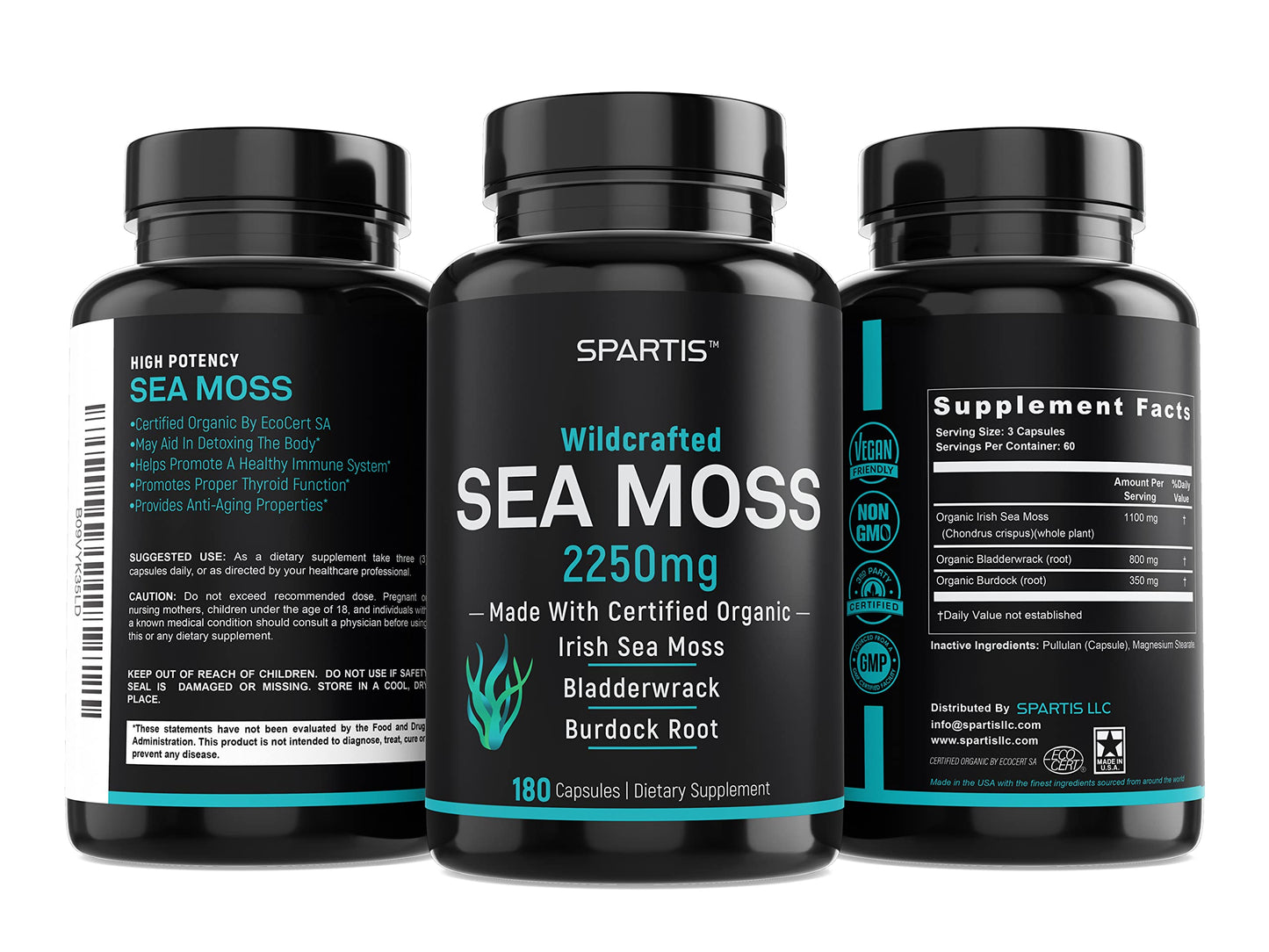 Certified Organic Sea Moss Capsules 2250mg Wildcrafted Irish Sea Moss Burdock Root SPARTISUS supplements