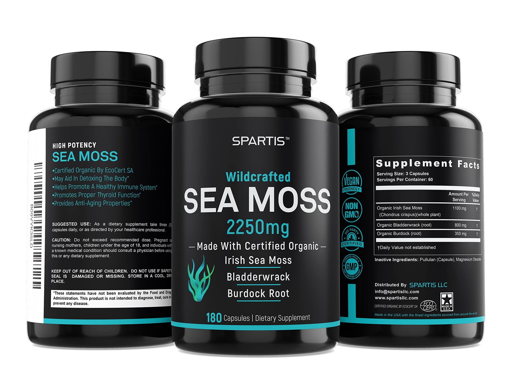 SPARTIS Certified Organic Sea Moss Capsules 2250mg Wildcrafted Irish Sea Moss Burdock Root Bladderwrack Supplement Raw Seamoss Pills & Powder (Pack of 1 at 180-Caps) SPARTISAu supplements