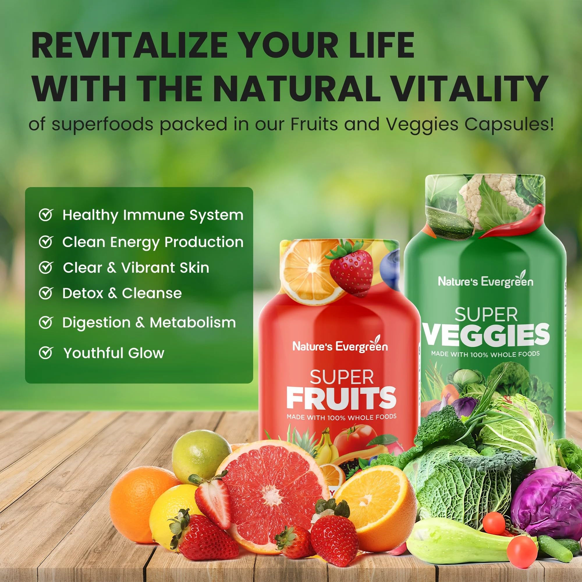 Fruits and Veggies Supplement - Nature Fruits and Vegetables Supplements - Vegan, Non GMO, Soy Free, Superfood Vitamins & Minerals Nutritional Balance - (Total 180 Capsules - Pack of 2) Made in USA Nature's EvergreenAu supplements