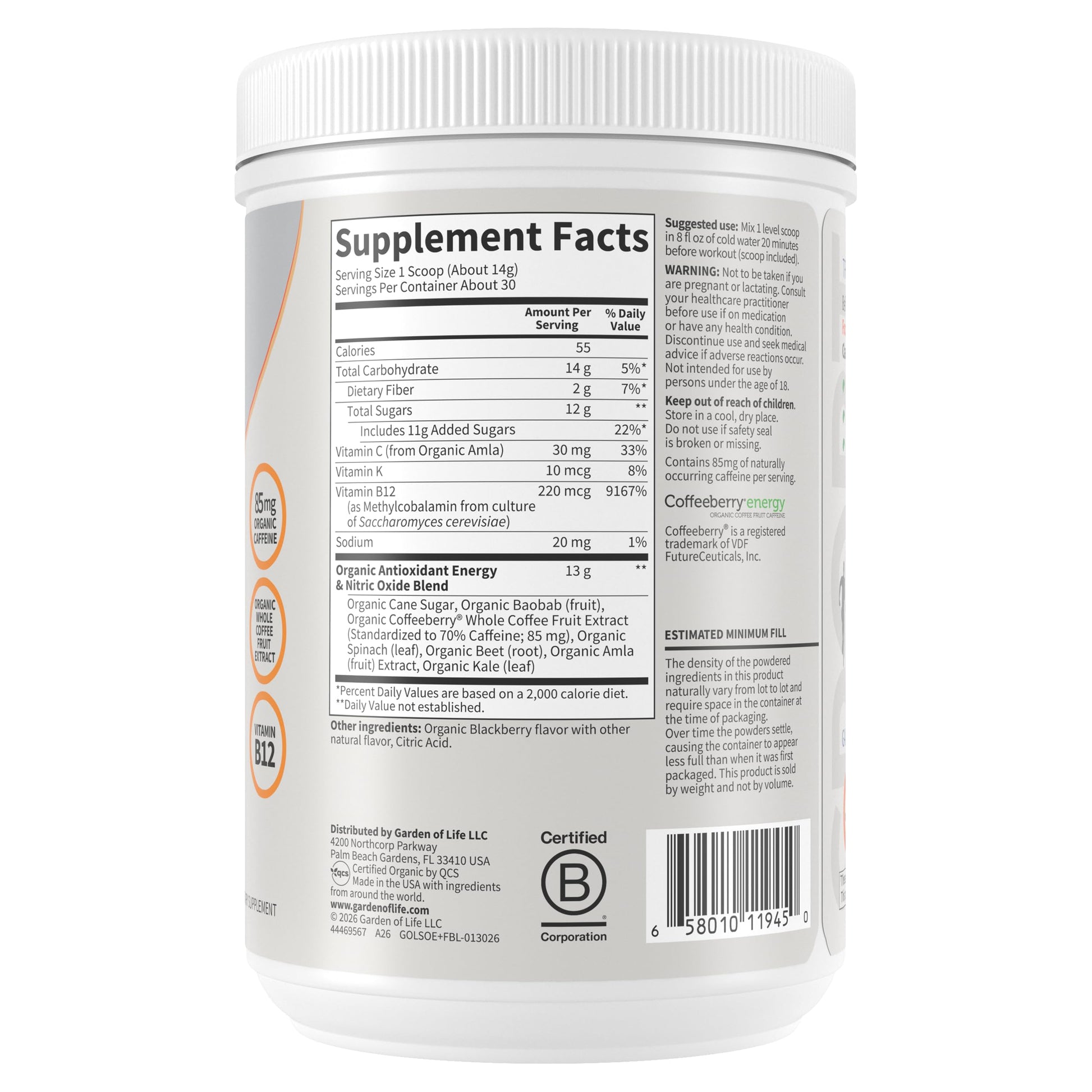 Garden of Life Sport Organic Plant Based Energy + Focus Clean Pre Workout Powder, with 85mg Caffeine, Natural No Booster, B12, Vegan, Gluten Free, Non-GMO, BlackBerry, 15.3 Oz Garden of LifeAu supplements