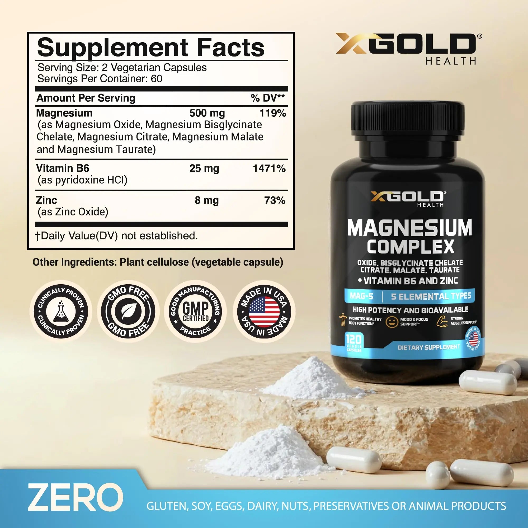 X Gold Health Magnesium Complex 5-in-1 with Zinc & B6 High Absorption Capsules (Glycinate, Citrate, Malate, Taurate, Oxide) Muscle Recovery, Energy, Sleep Support & Immune Health 500mg Made in USA X Gold Healthnz supplements