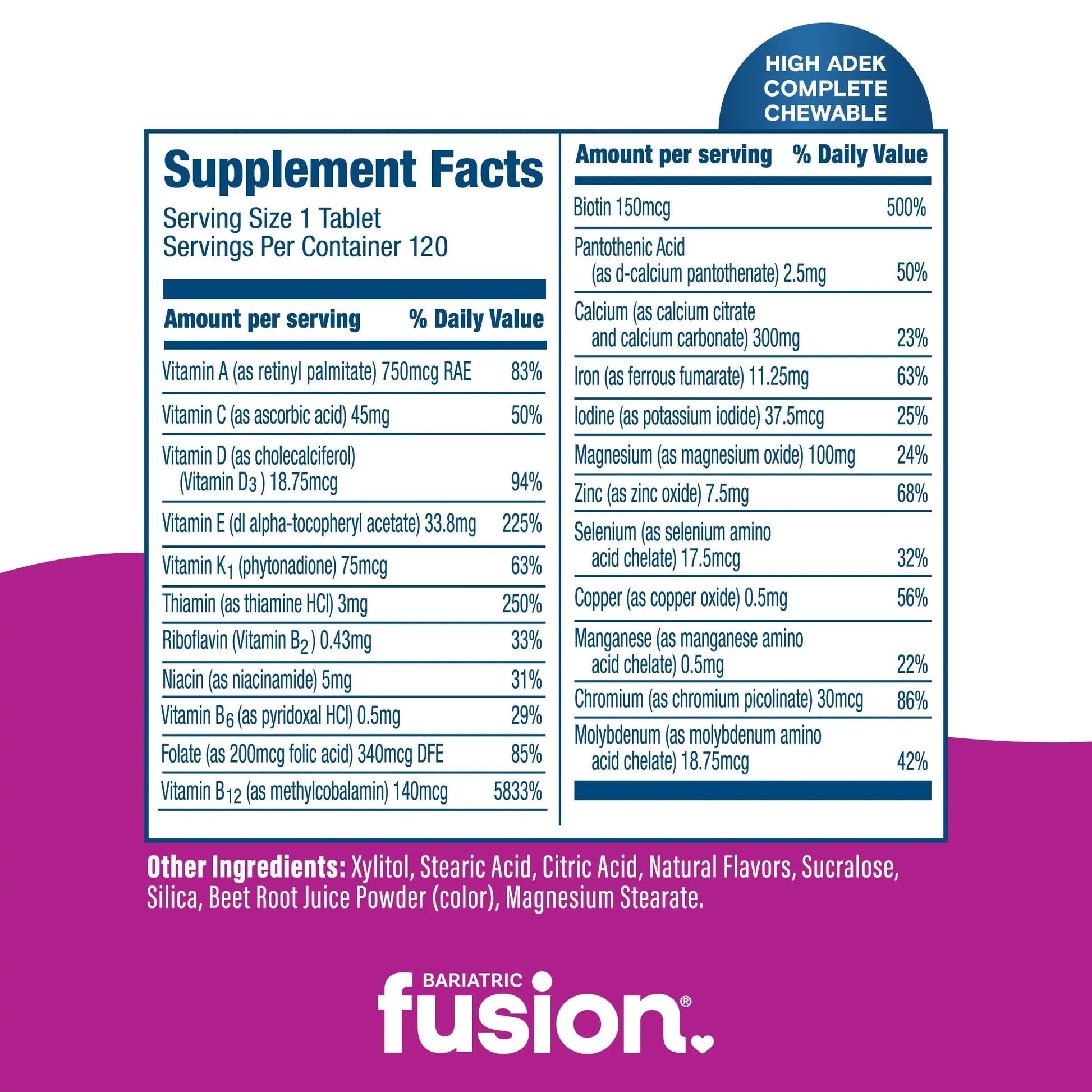 Bariatric Fusion Chewable Multivitamin with High ADEK Vitamins | Multi for Duodenal Switch Patients | Mixed Berry Flavored Tablets | Bariatric FusionAu supplements