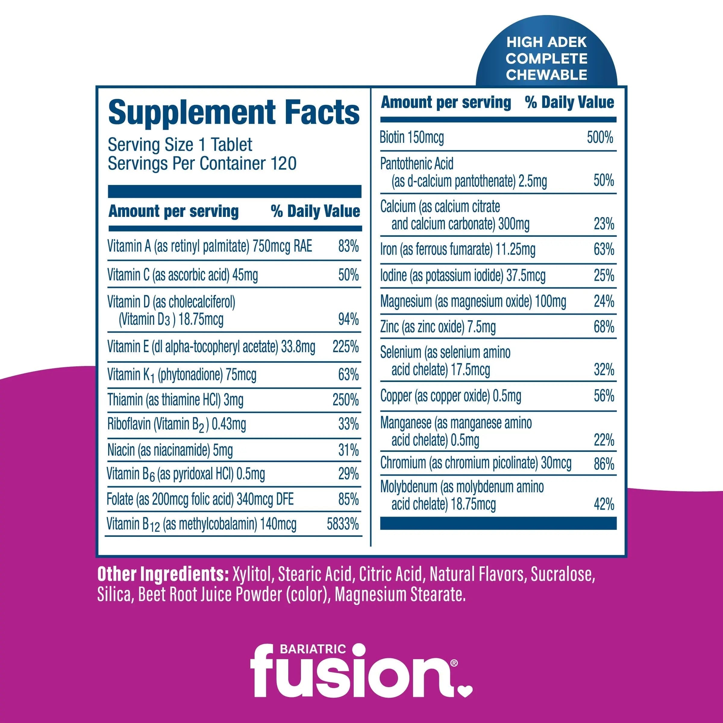 Bariatric Fusion Chewable Multivitamin with High ADEK Vitamins | Multi for Duodenal Switch Patients | Mixed Berry Flavored Tablets | Bariatric FusionAu supplements