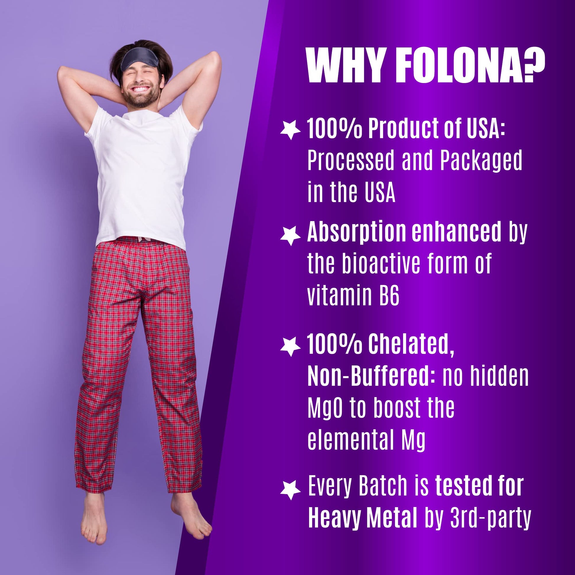 Folona Magnesium Glycinate with Vitamin B6 Research Proven to Enhance Absorption, 1350mg Fully Chelated - Supports Sleep, Stress Relief, Energy, Muscle Cramps - Gluten Free, NonGMO, 180 Vegan Capsules FOLONAAu supplements