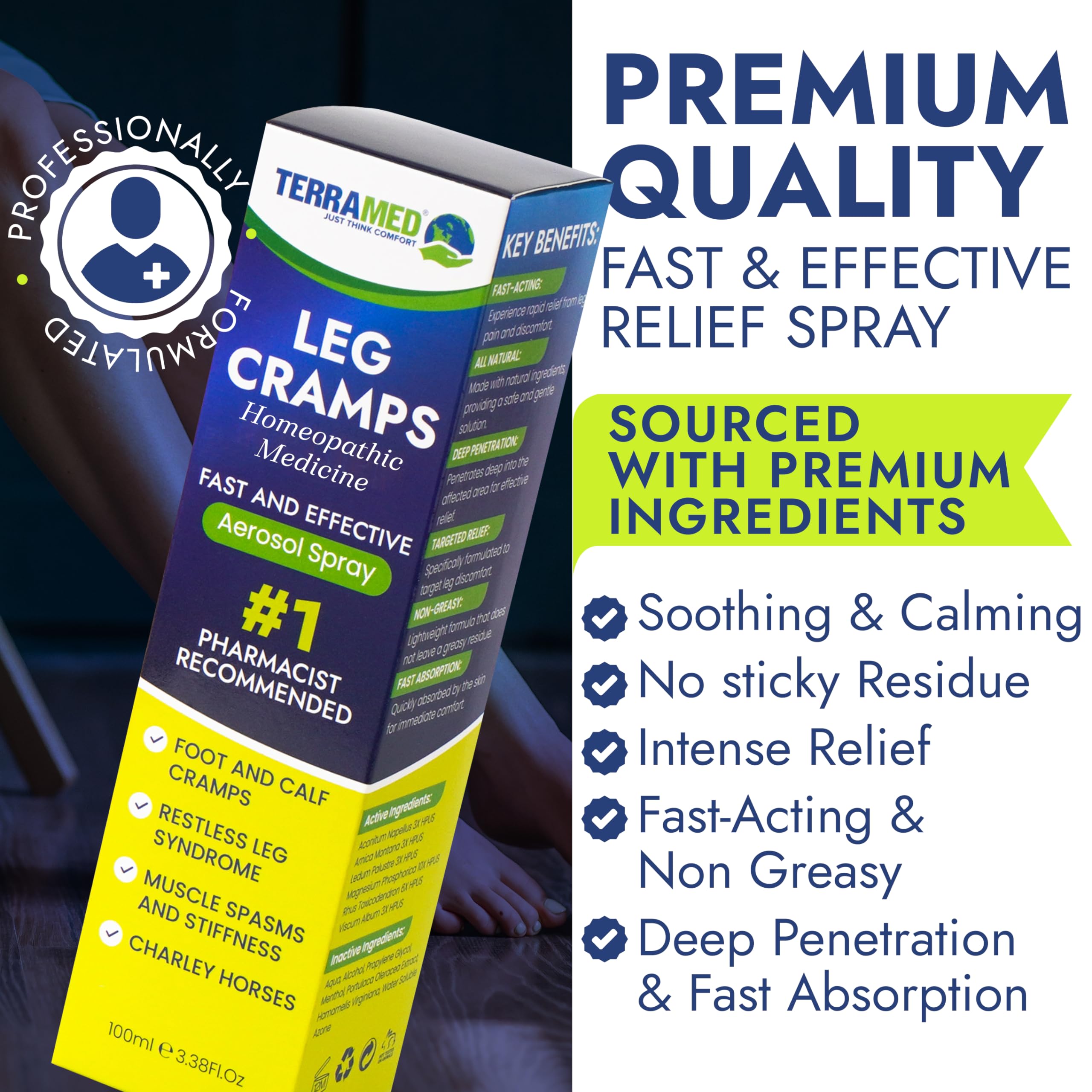Terramed Just Think Comfort Fast Acting Leg Cramp Relief Aerosol Spray | Pain Relief for Muscle Spasms, Soreness, & Foot and Calf Cramps | Homeopathic Medicine for Restless Legs Syndrome Relief Terramed Just Think ComfortAu supplements