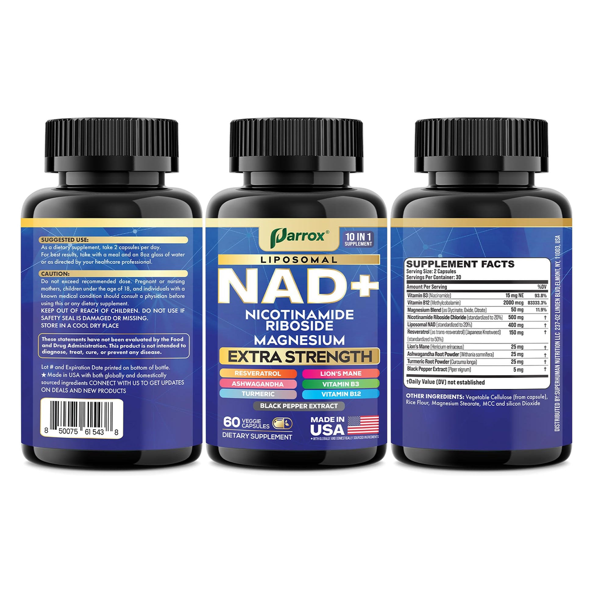 Parrox NAD+ Supplement with Liposomal NAD+, Nicotinamide Riboside, Magnesium, Vitamin B3 & B12, Resveratrol, Turmeric, Ashwagandha, Lion’s Mane,10-in-1 Extra Strength (2 Pack) ParroxAu supplements