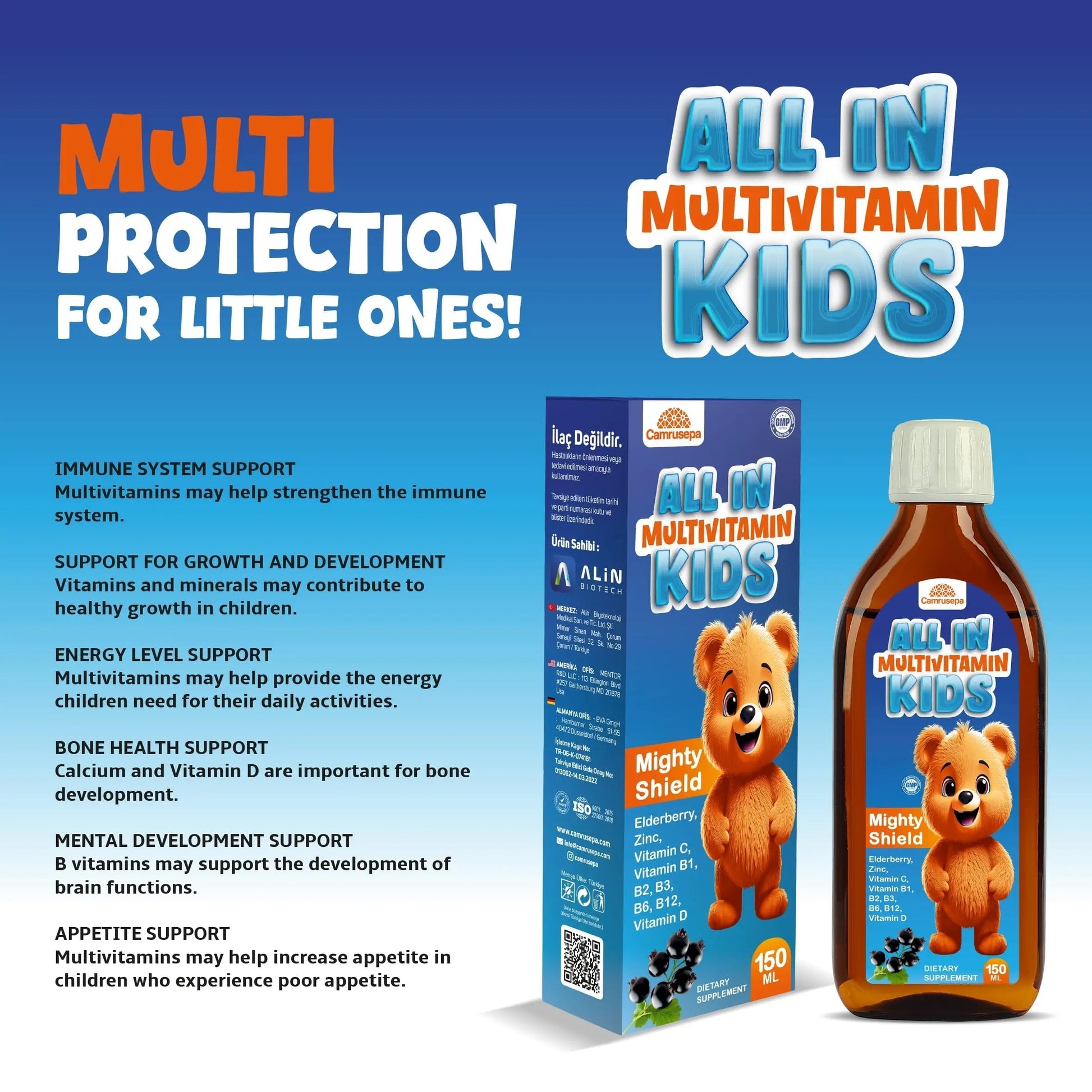 CAMRUSEPA All in Multivitamin Kids Syrup – Black Elderberry Flavored, Inositol, Zinc, Vitamin C, Daily Liquid Multivitamin CamrusepaAu supplements