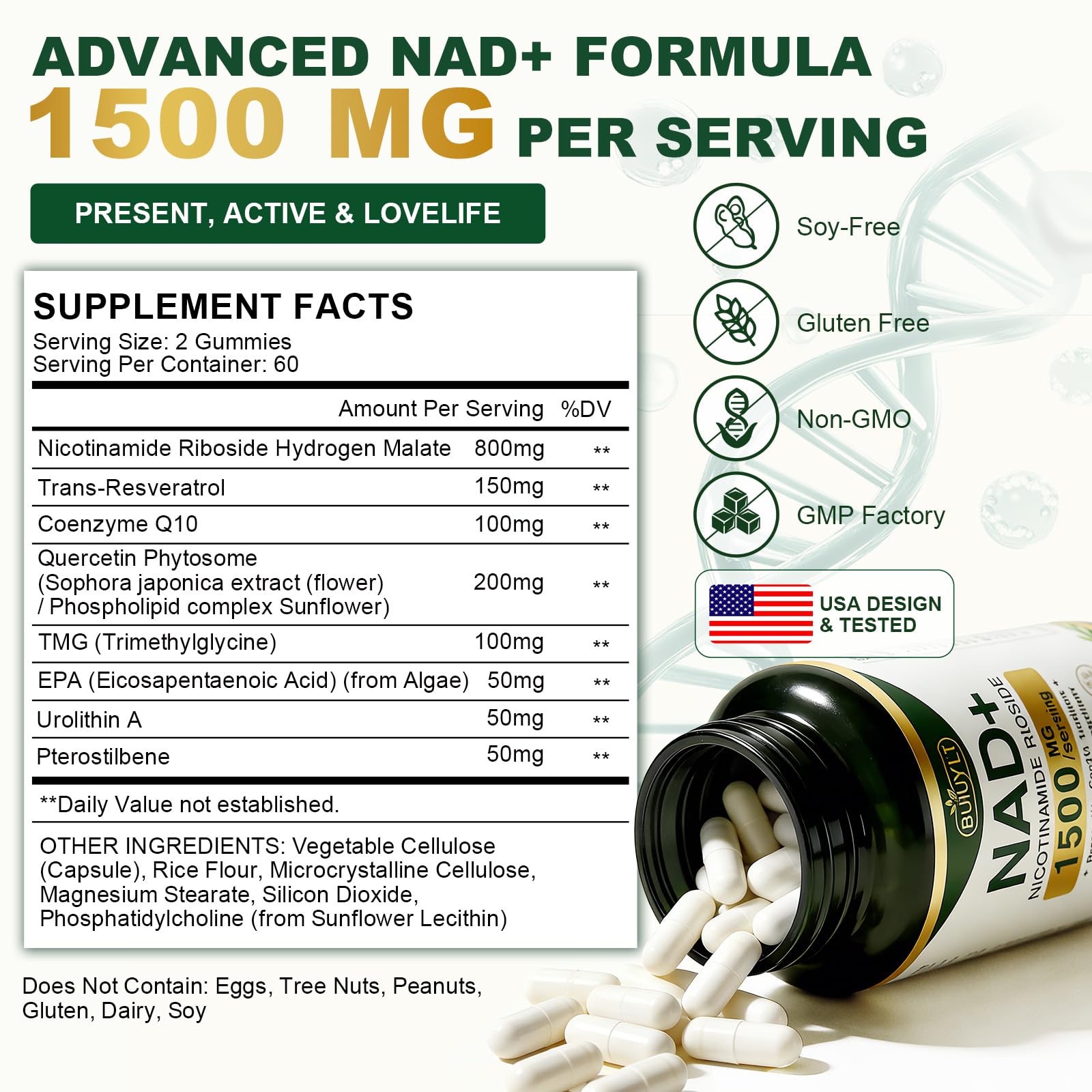 BUIUYLT NAD+ Supplement 1500mg, NR NMN Replacement with Resveratrol, Urolithin A, CoQ10 & Quercetin for Cellular Energy, Healthy Aging & Stamina for Women & Men - 120 Capsules BUIUYLTAu supplements