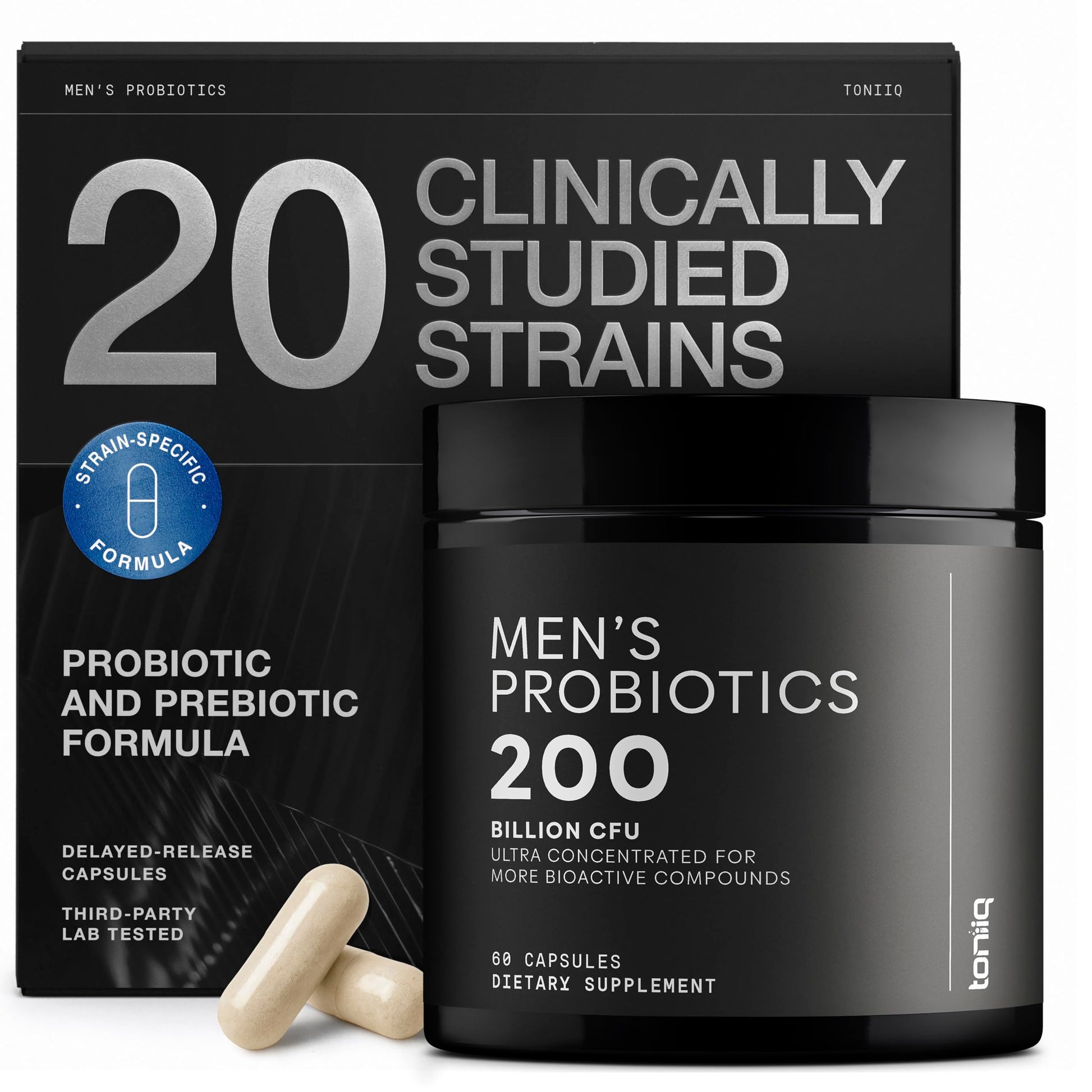 Toniiq Mens Probiotic with 20 Verified Strains – 200 Bilion CFU + 200mg FOS Prebiotic – Mens Probiotics for Gut Health - Cold-Chain & Delayed-Release – Lab-Tested Synbiotic Formula ToniiqAu supplements