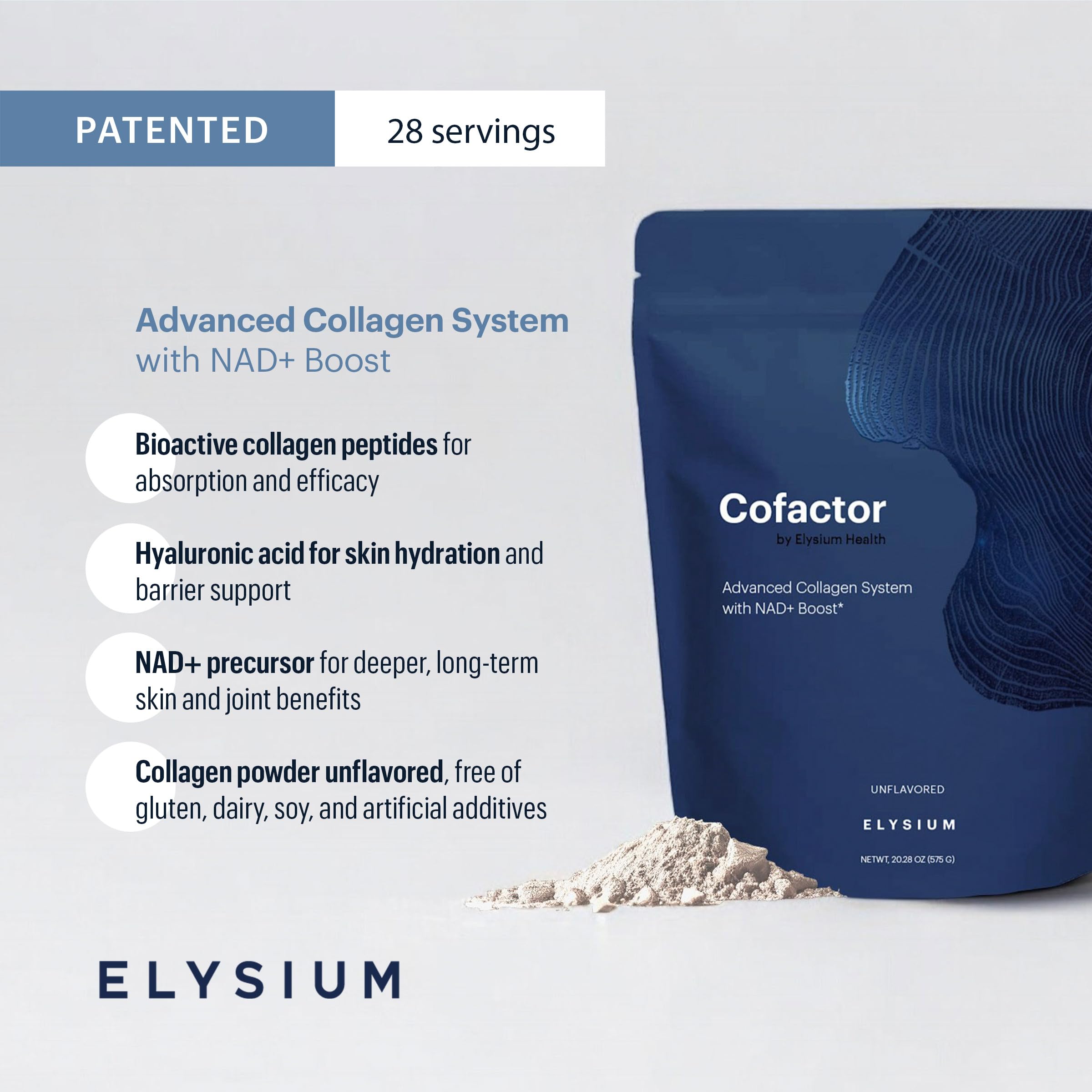 ELYSIUM Cofactor – 4-in-1 Collagen Peptides Powder w/NAD+, Hyaluronic Acid & Vitamin C for Skin, Hair, Nails, Joints & Cellular Health, Collagen Supplements for Men & Women – Unflavored, 28 Servings ELYSIUMUS supplements