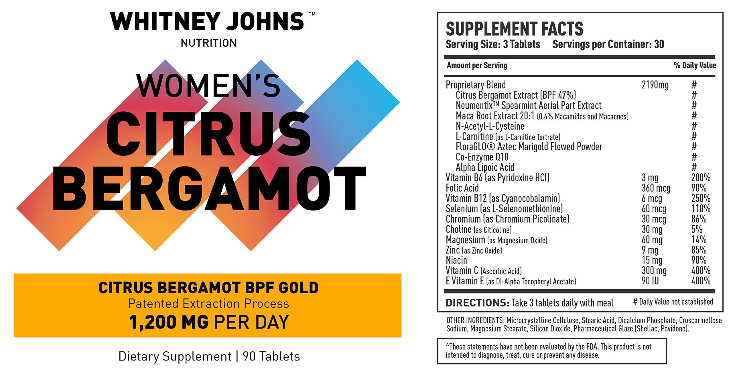 Whitney Johns Citrus Bergamot for Women, Clinically Tested Bergamot Supplement Specifically Formulated for Womens Health and Wellness, Antioxidant, 1200mg, 90 Tablets Whitney JohnsAu supplements