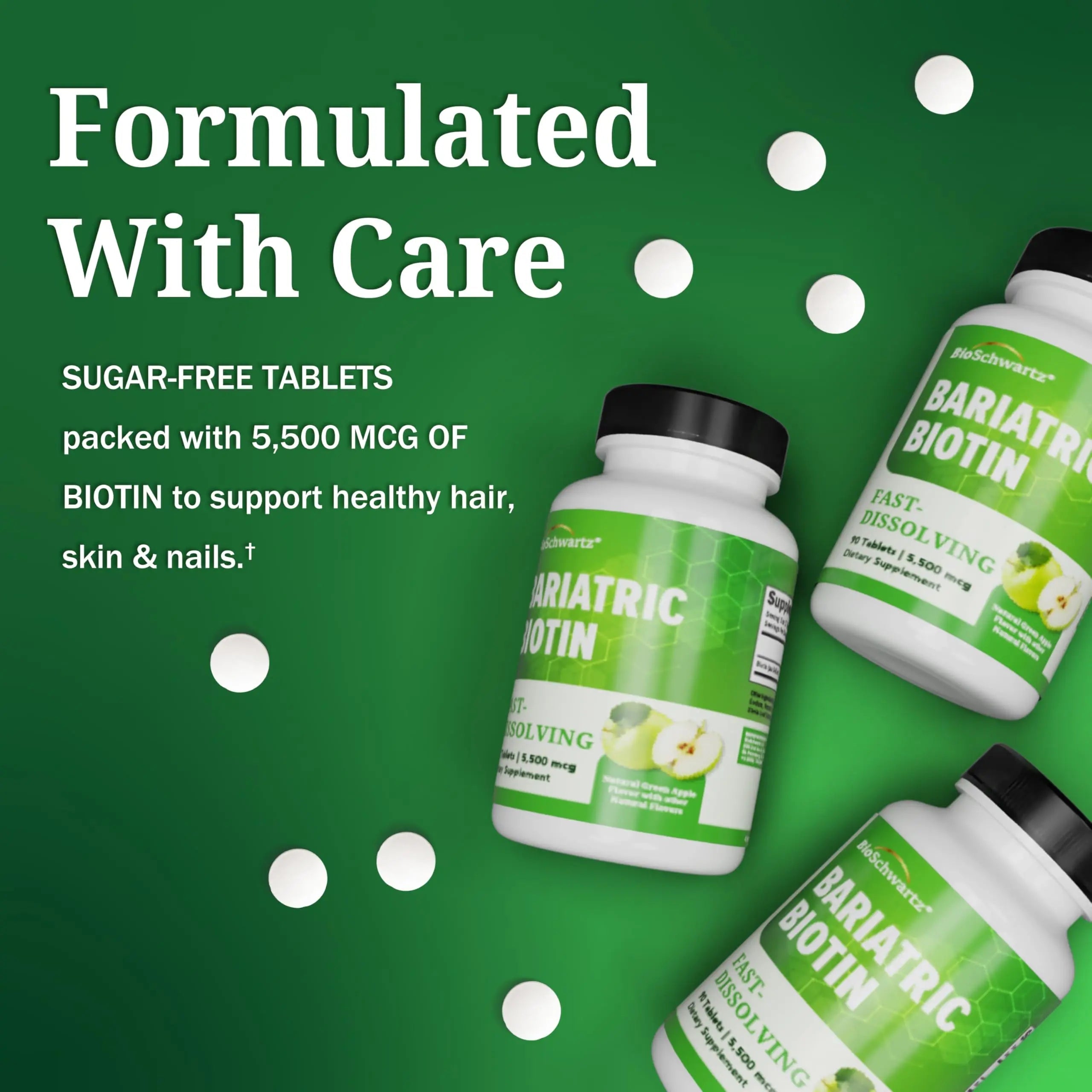 BioSchwartz Bariatric Biotin Chewable Tablets - 5500mcg Biotin per Serving - Green Apple Flavor, 3 Month Supply - Sugar-Free Hair Skin Nails Vitamins BioSchwartzAu supplements