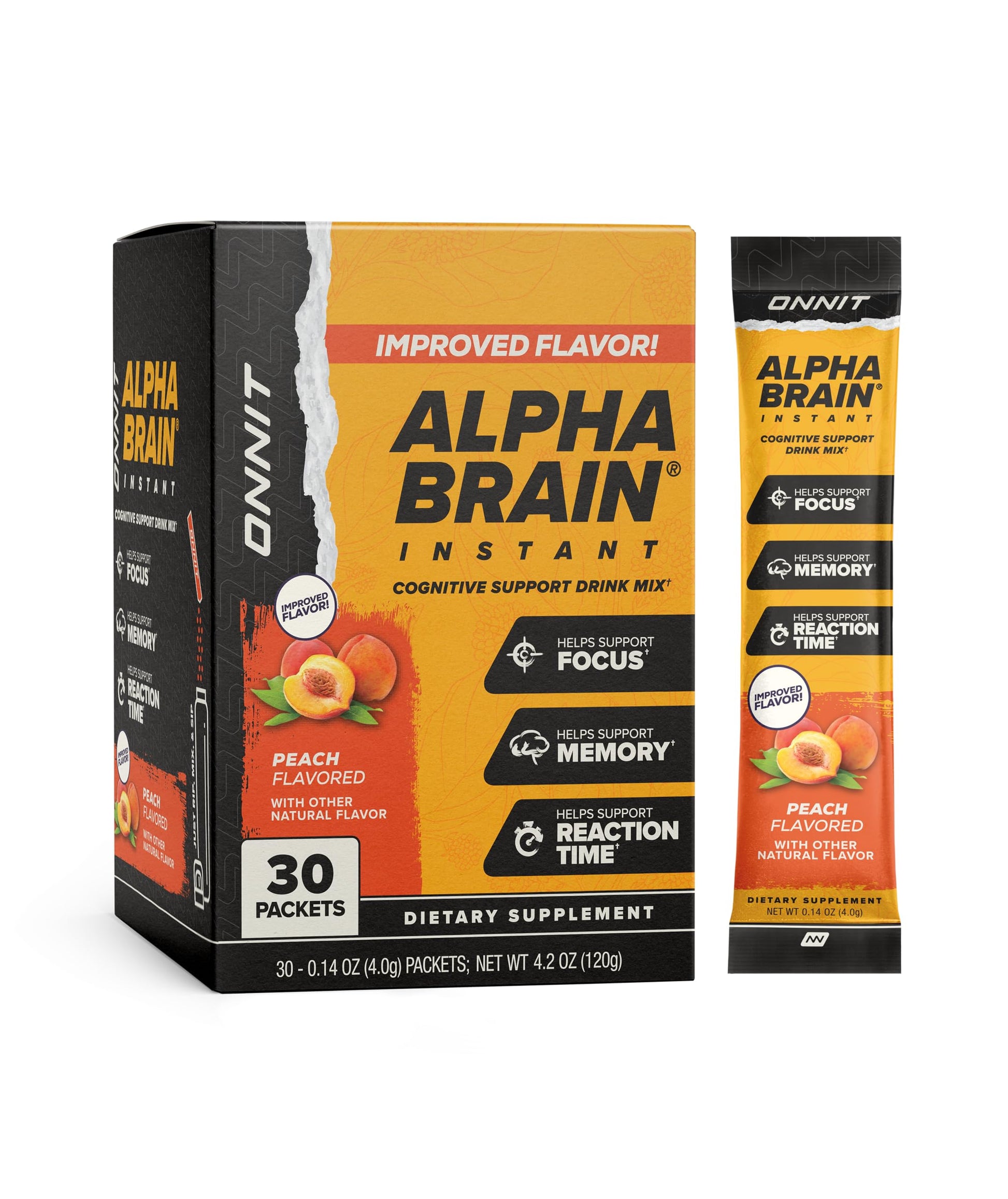 ONNIT Alpha Brain Instant Cognitive Support Drink Mix, Nootropic Supplement for Focus, Memory and Clarity, Peach Flavor, 0.13 oz Packets, 30 Count ONNITAu supplements