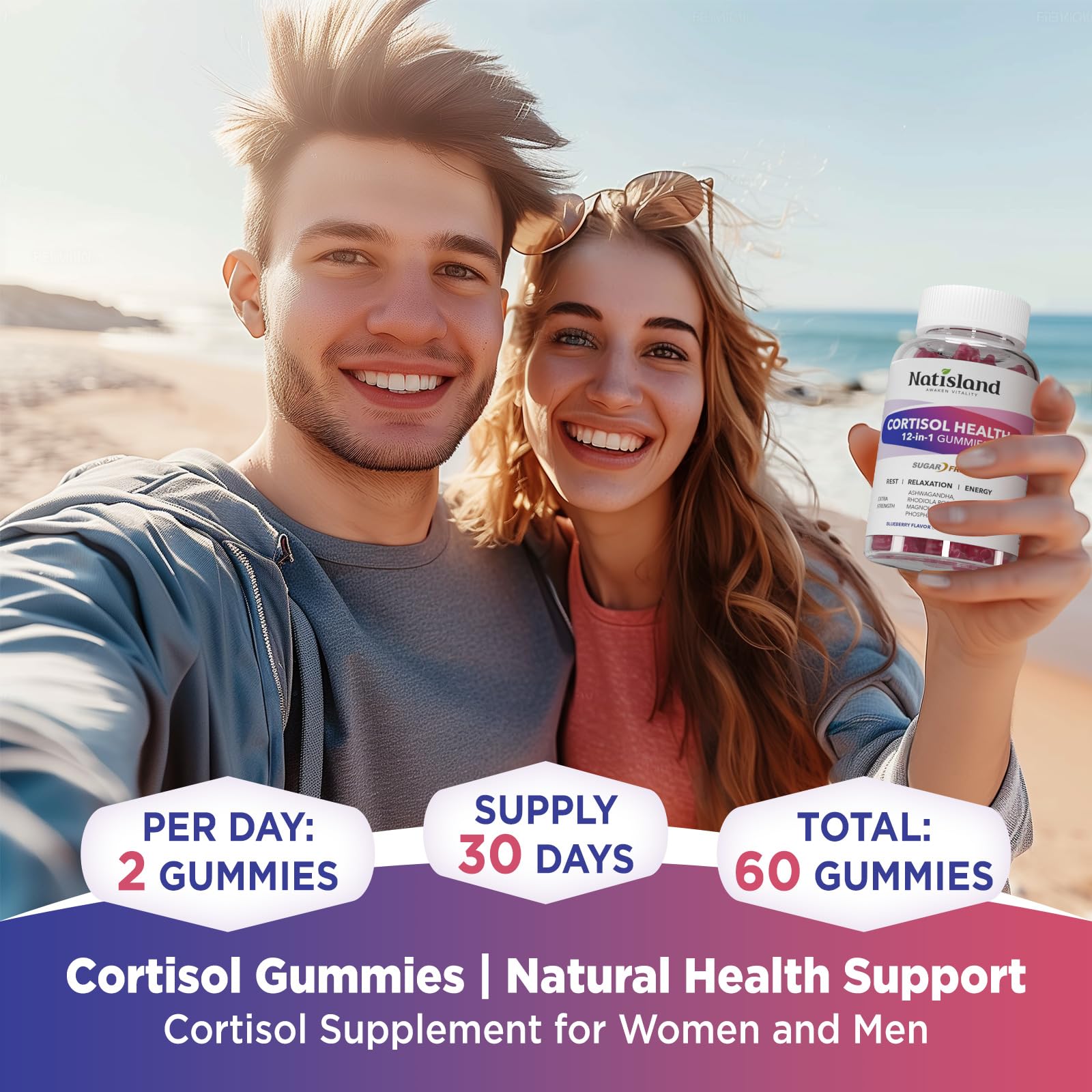 Cortisol Gummies, 12-in-1 Cortisol Reducer, with Magnesium Glycinate, Ashwagandha, L-Theanine, Phosphatidylserine, Vitamin B6 & D3, Rhodiola Rosea, for Men & Women, Sugar-Free, Vegan, NON-GMO, 60CT NATISLANDAu supplements