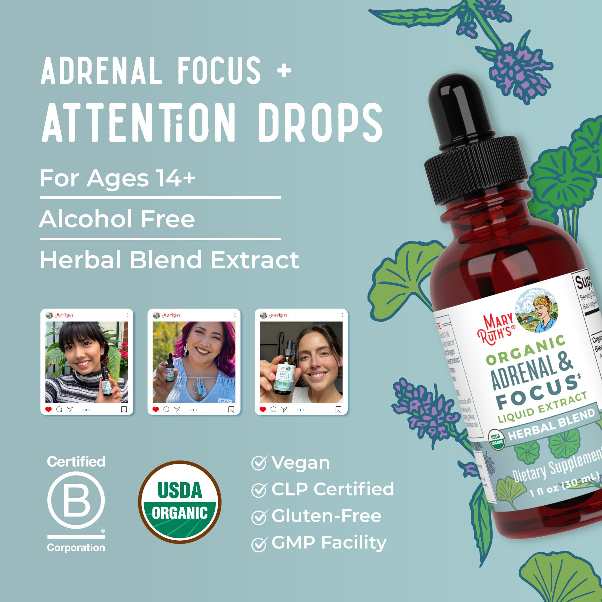 MaryRuth Organics - USDA Organic Brain Nootropic Supplement for Adults with Ginkgo Biloba & Astragalus | Focus & Adrenal Support | Brain & Memory Drops | Vegan | Non-GMO | Gluten Free | 30 Servings MARYRUTH'SUS supplements