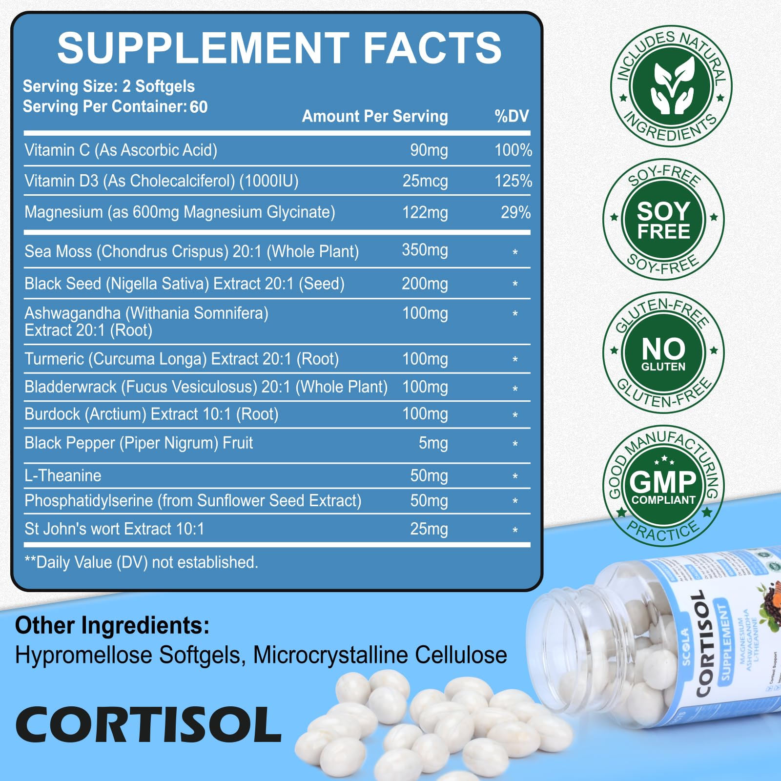 SCOLA Cortisol Supplement for Women and Men with Magnesium, Ashwagandha/L-Theanine, Cortisol Detox Manager, Cortisol Reducer Supports Relaxation & Calm, Mood, Sleep, 120 Count SCOLAAu supplements