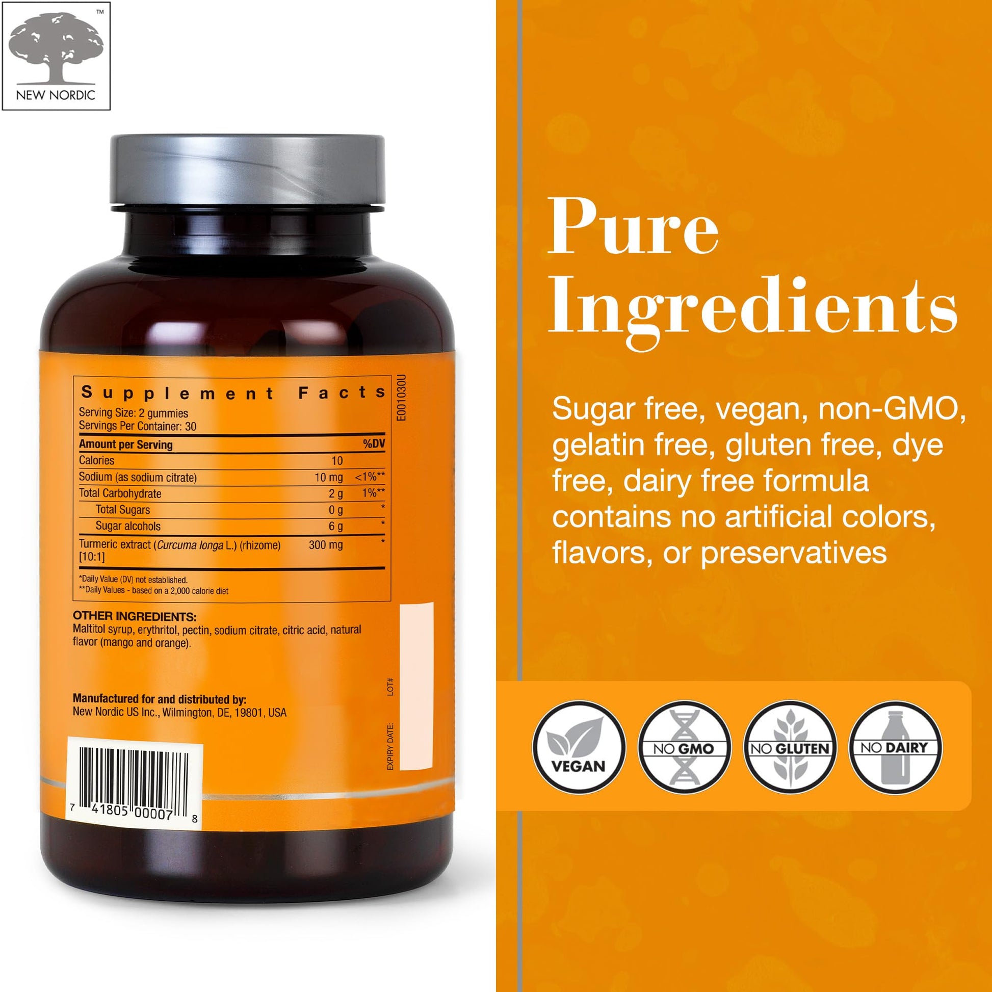 NEW NORDIC Turmeric Curcumin Gummies, Sugar Free, 300 mg Turmeric Supplement for Men and Women, Supports Normally Functioning Joints, Knees, Shoulders, Mango Orange, 60 Count NEW NORDICAu supplements