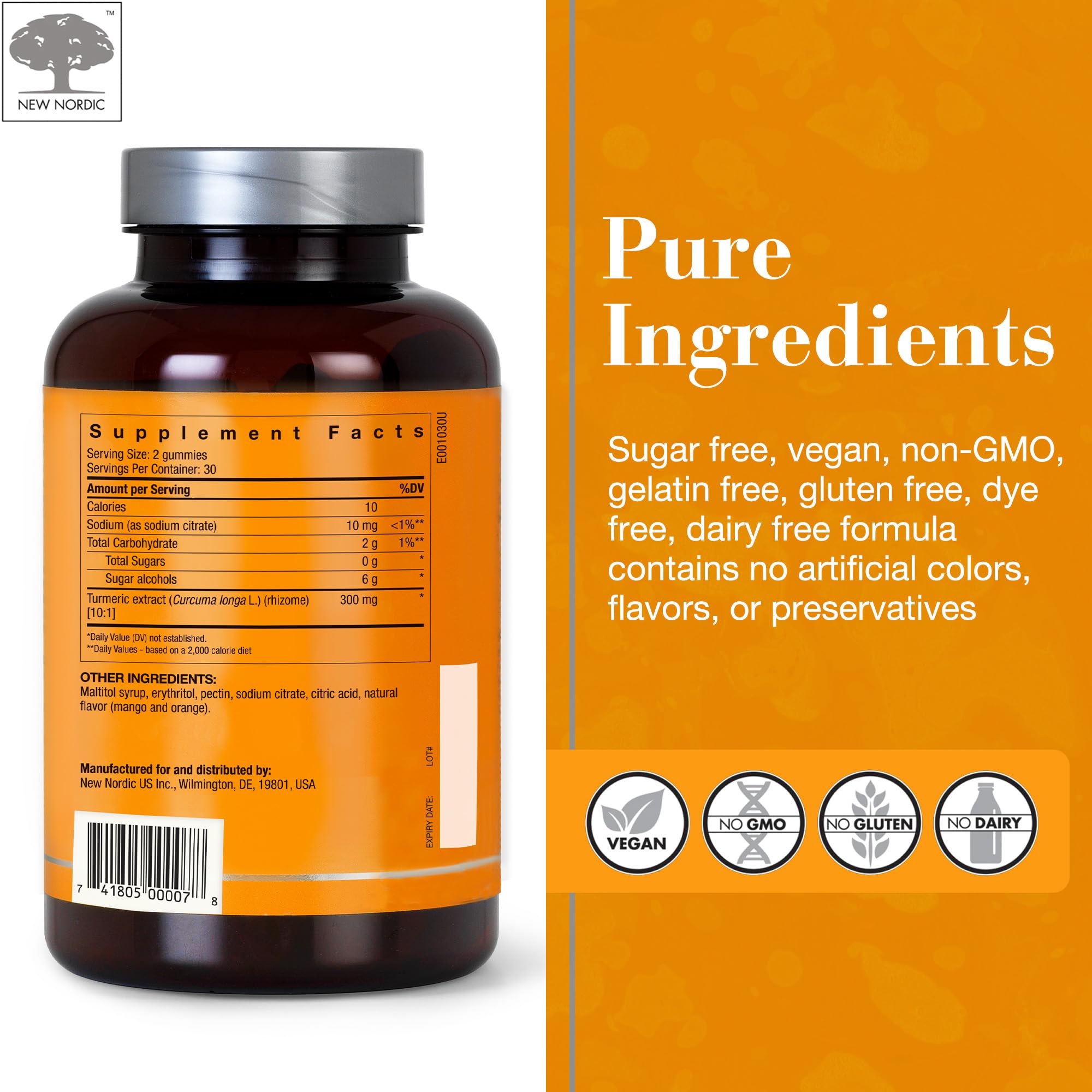 NEW NORDIC Turmeric Curcumin Gummies, Sugar Free, 300 mg Turmeric Supplement for Men and Women, Supports Normally Functioning Joints, Knees, Shoulders, Mango Orange, 60 Count NEW NORDICAu supplements